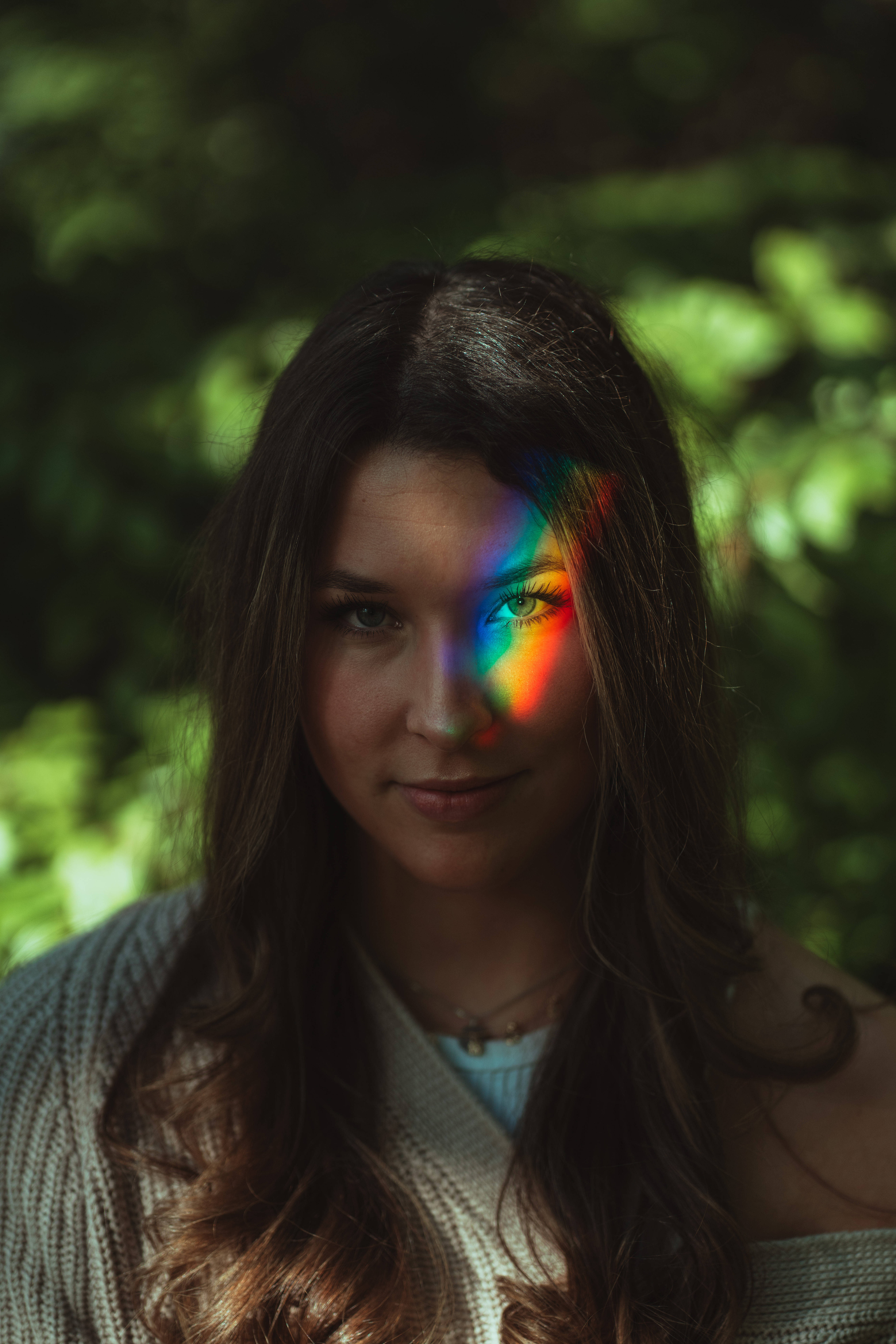 rainbow prism, woman, long dark hair, 8K Phone Wallpaper