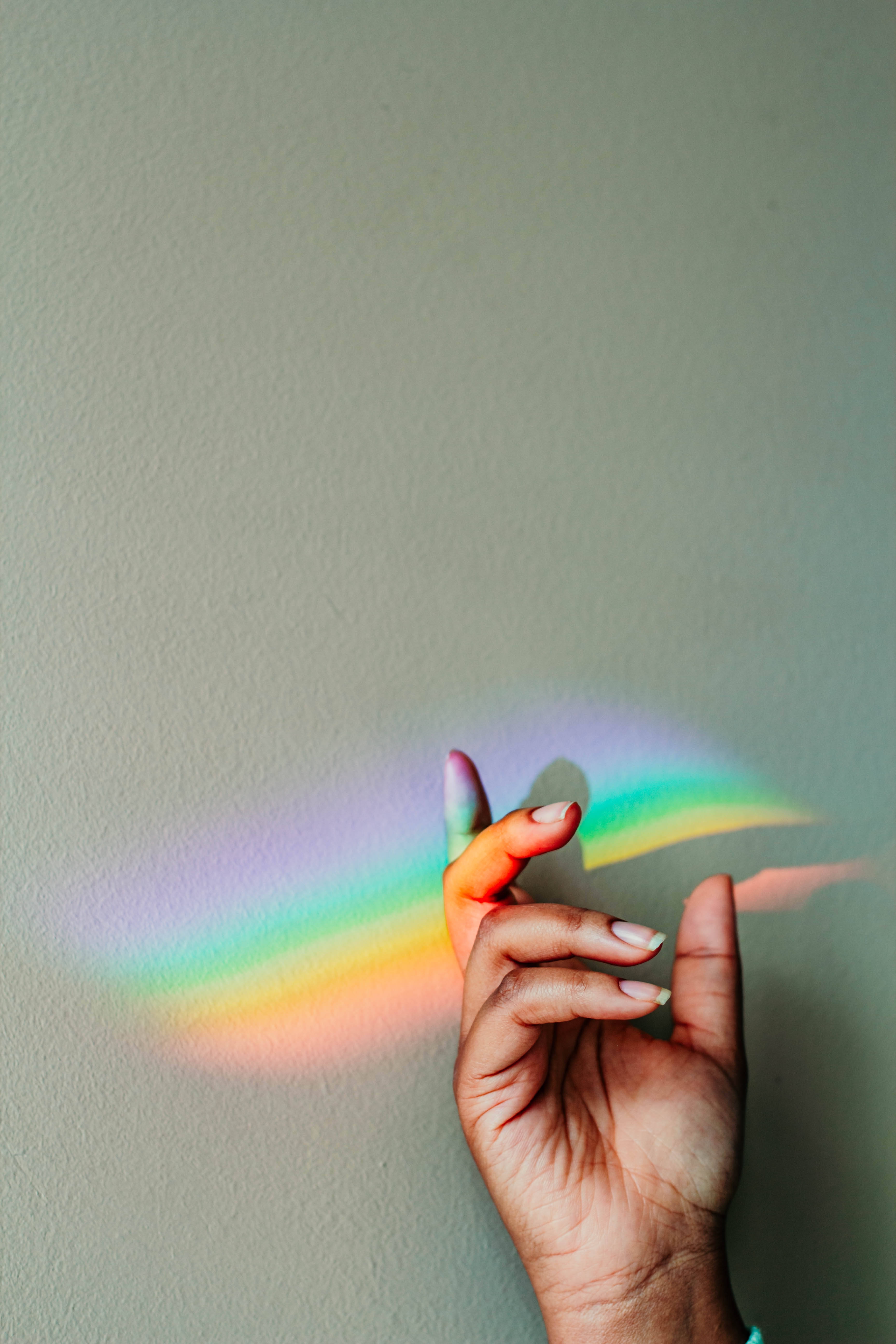 rainbow prism, hands, plain wall, 5K Phone Wallpaper