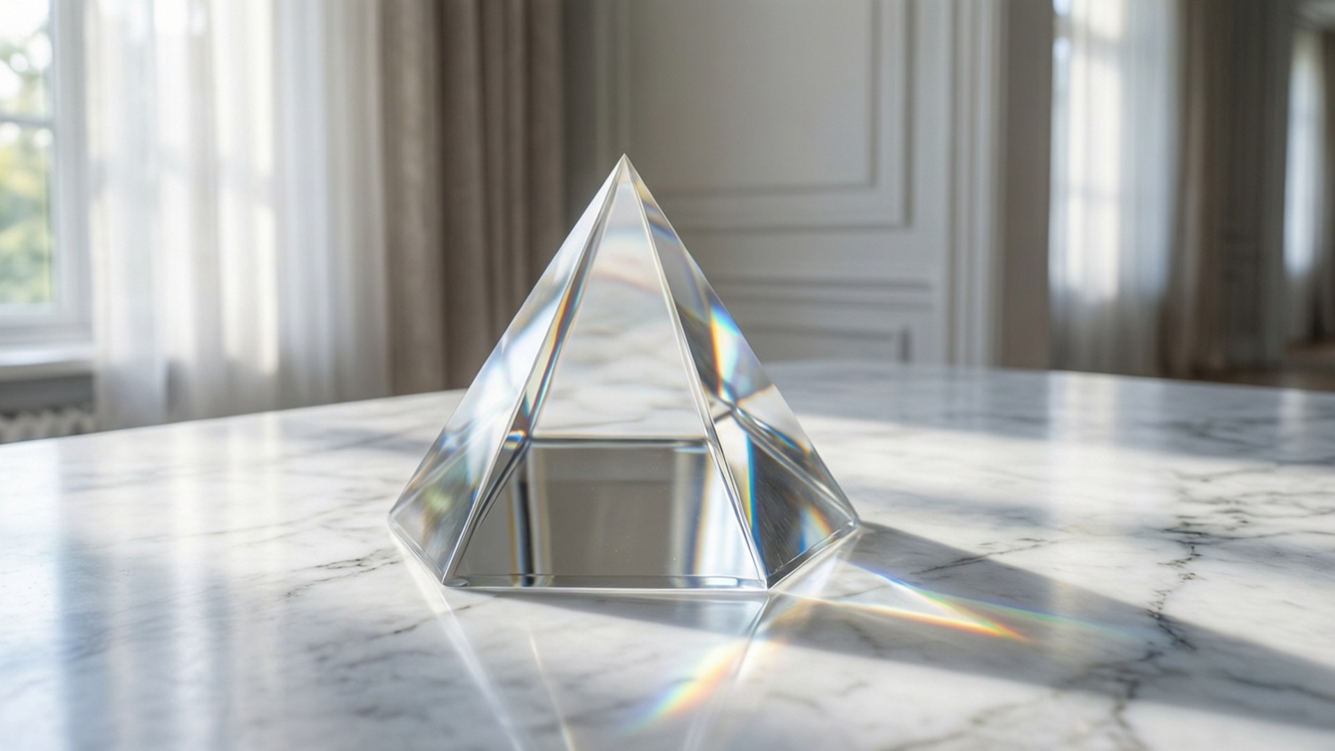 marble table, clear glass pyramid, sunlight, Full HD Desktop Wallpaper