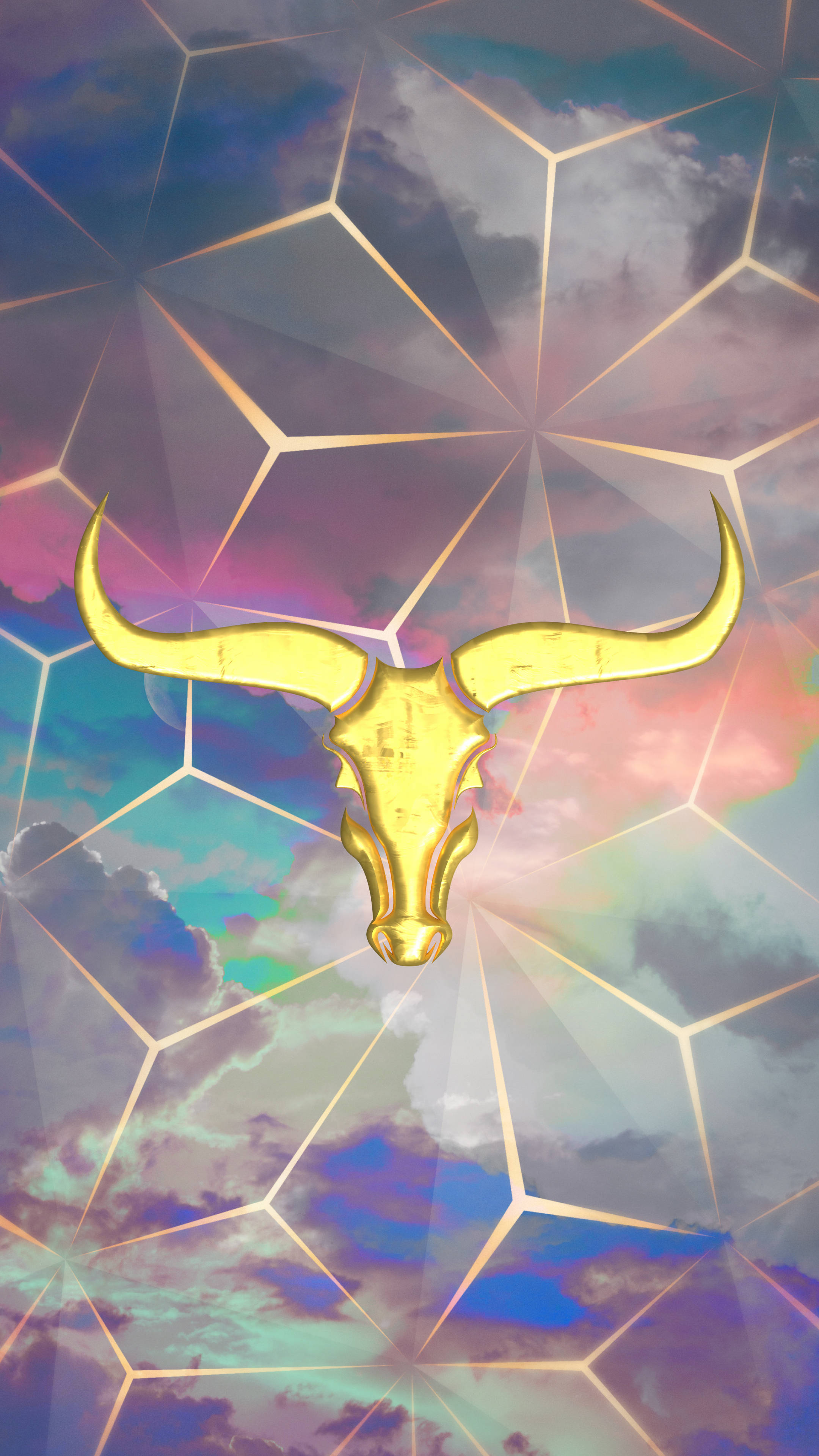 western prism aesthetic, golden bull skull, curved horns, 4K Phone Wallpaper