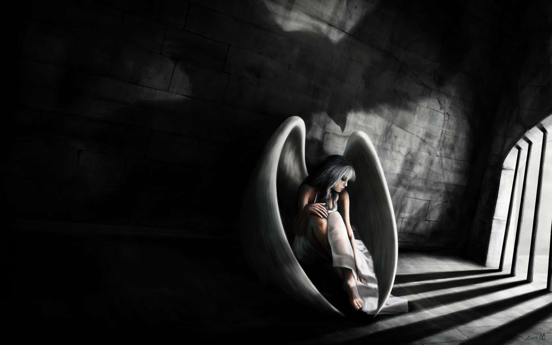 angel, gray hair, curved stone chair, Full HD Desktop Wallpaper