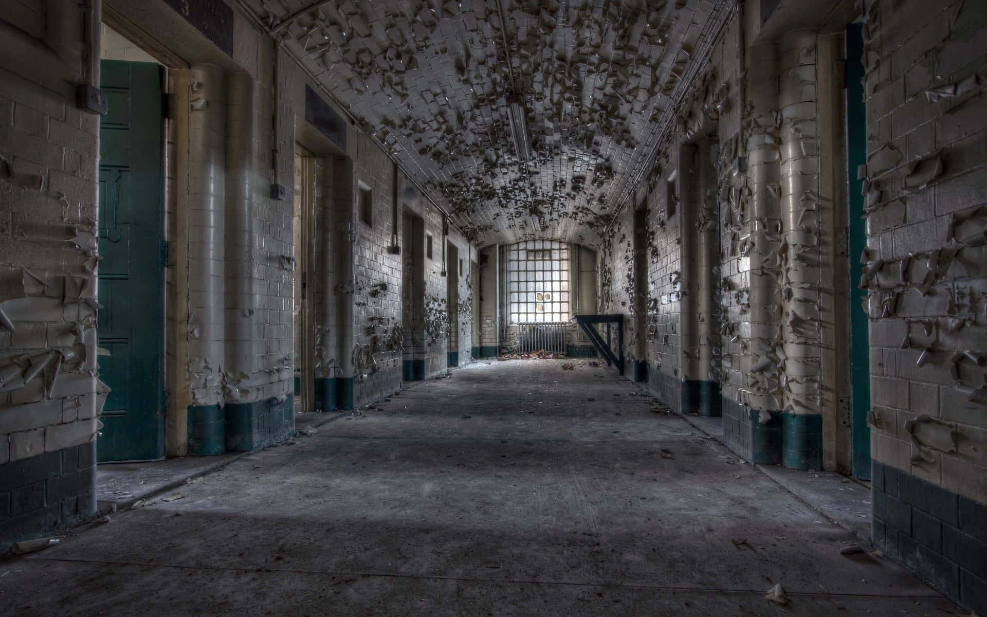 prison hallway, crumbling walls, peeling paint, Full HD Desktop Wallpaper