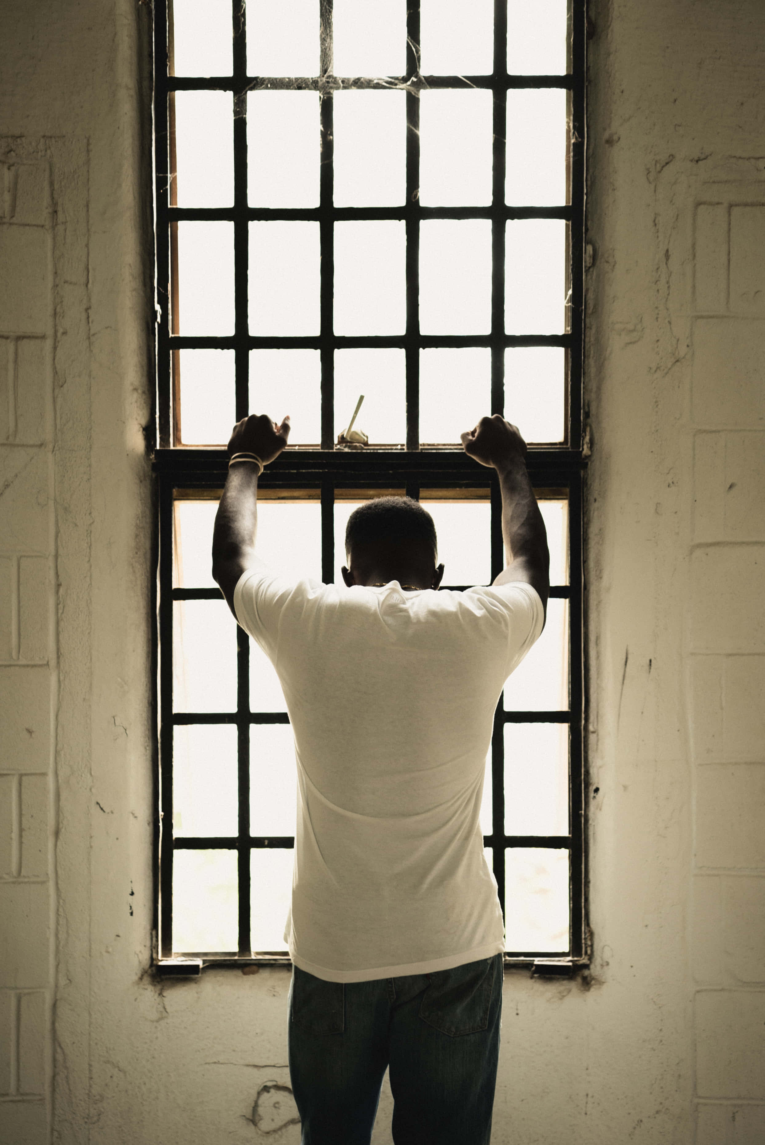 prison, barred window, white shirt, 2K Phone Wallpaper