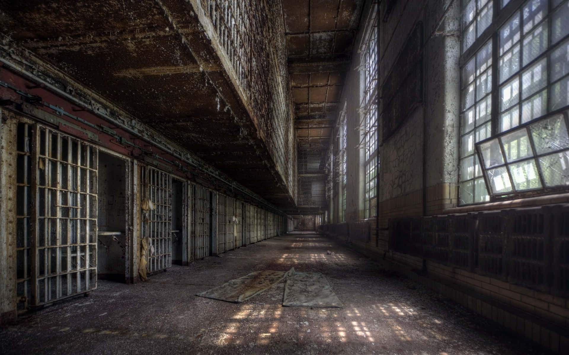 prison, broken windows, dust motes, Full HD Desktop Wallpaper