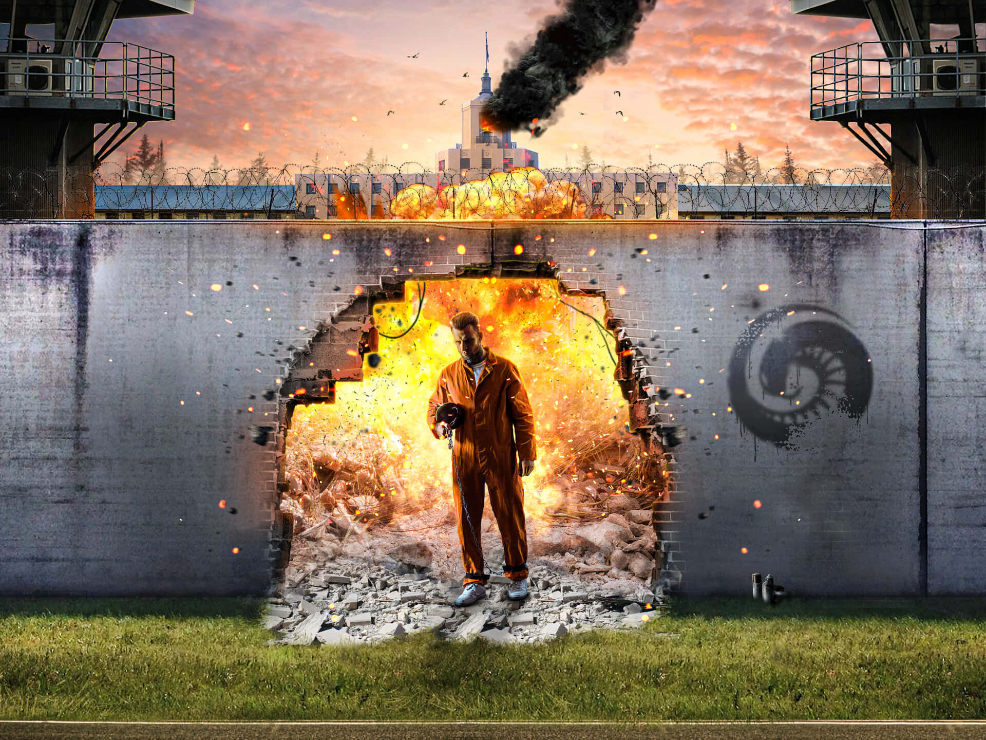 Prison On Fire, orange jumpsuit, fiery explosion, Full HD Desktop Wallpaper