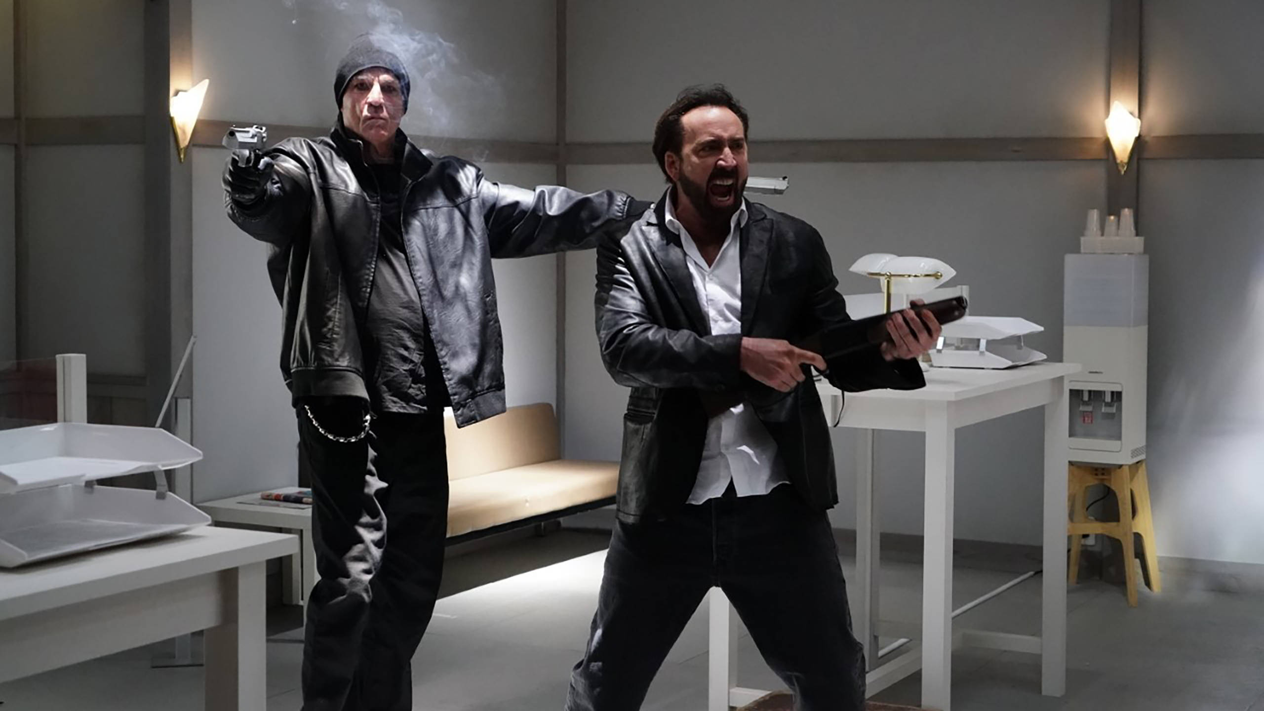 Prisoners of the ghostland, black leather jackets, stark white room, 2K Desktop Wallpaper