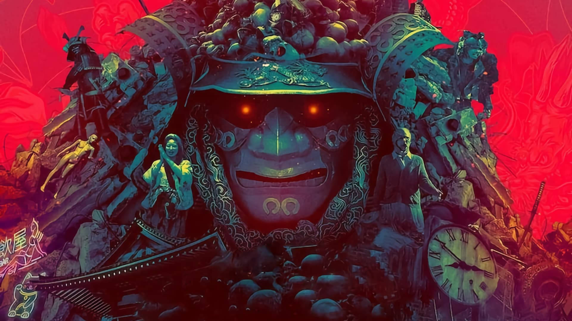 Prisoners of the Ghostland, samurai mask, glowing red eyes, Full HD Desktop Wallpaper