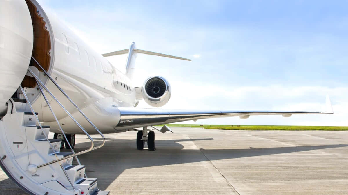 private jet, sleek white, sunlit tarmac, SD Desktop Wallpaper