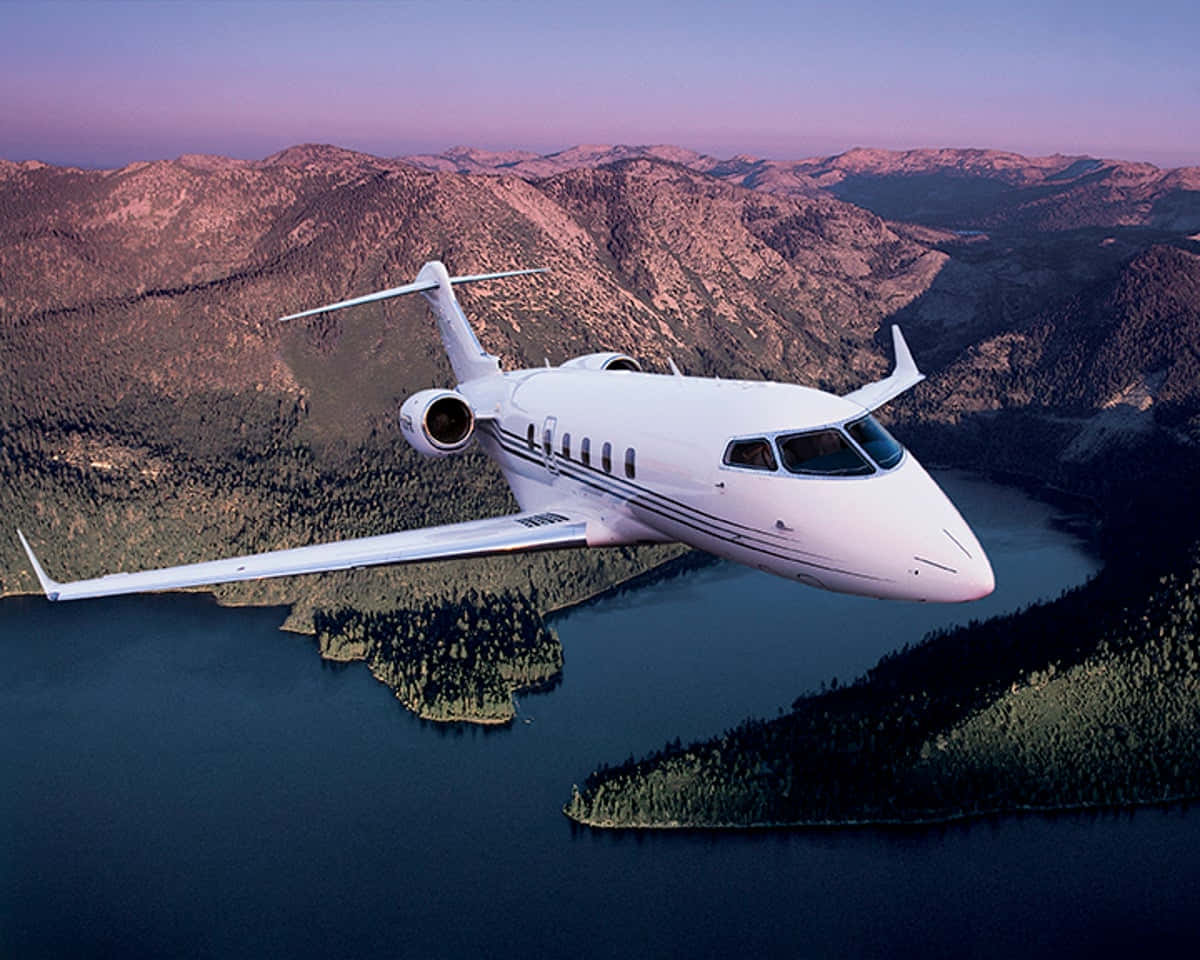 private jet, mountain lake, twilight, SD Desktop Wallpaper