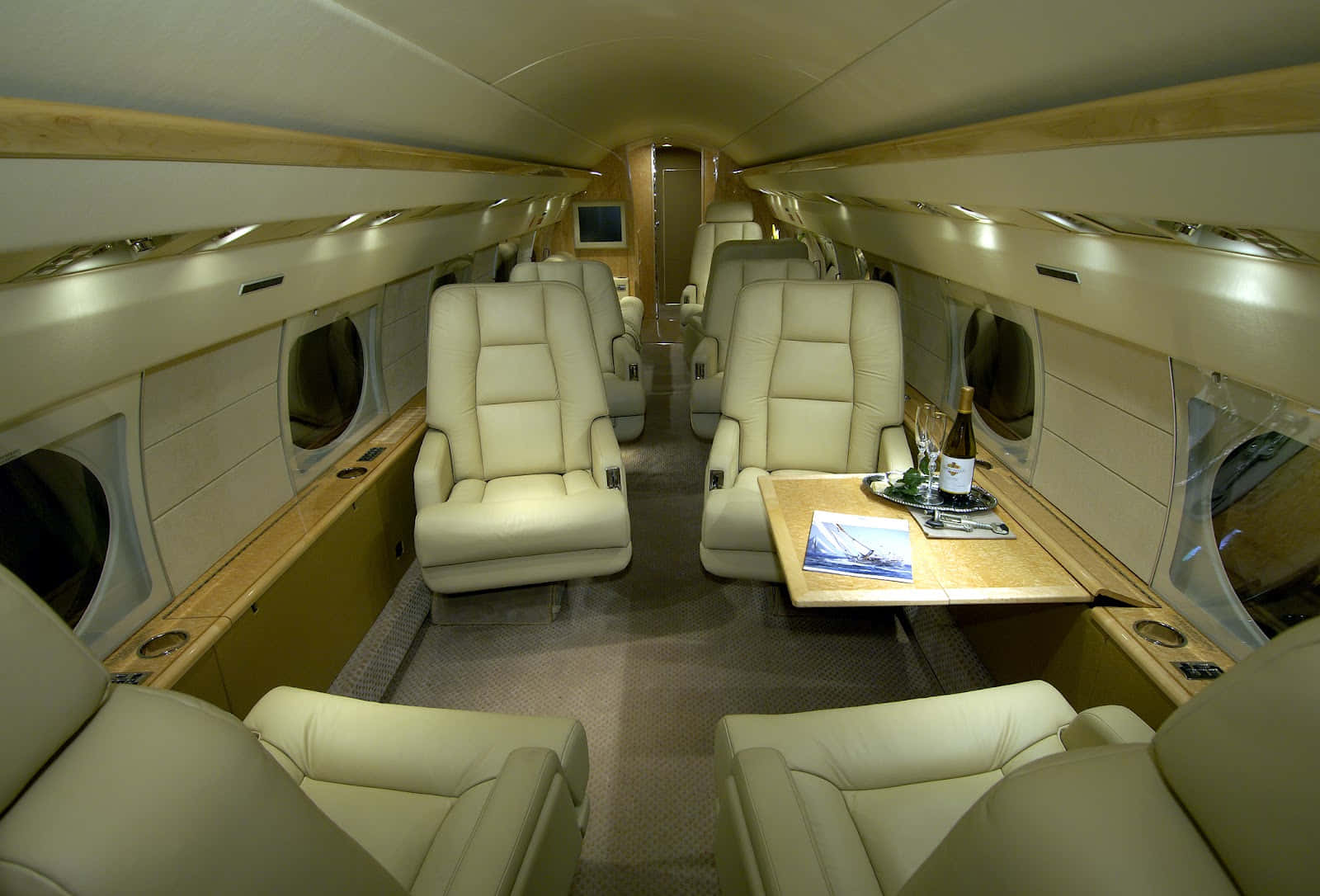 private jet, cream leather seats, wood trim, HD Desktop Wallpaper