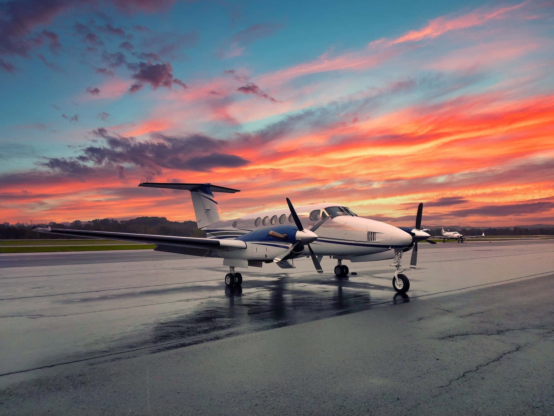 private jet, runway, wet tarmac, Full HD Desktop Wallpaper