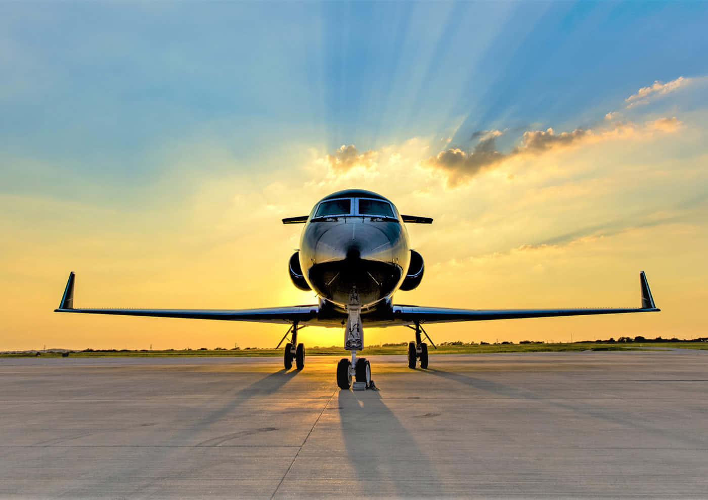 private jet, runway, golden sun rays, HD Desktop Wallpaper