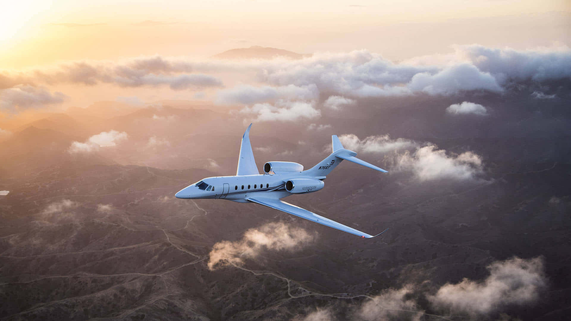 private jet, sleek white, rugged mountains, Full HD Desktop Wallpaper
