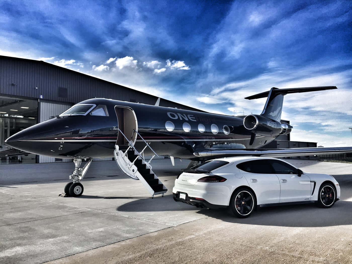 private jet, white sports car, tarmac, HD Desktop Wallpaper