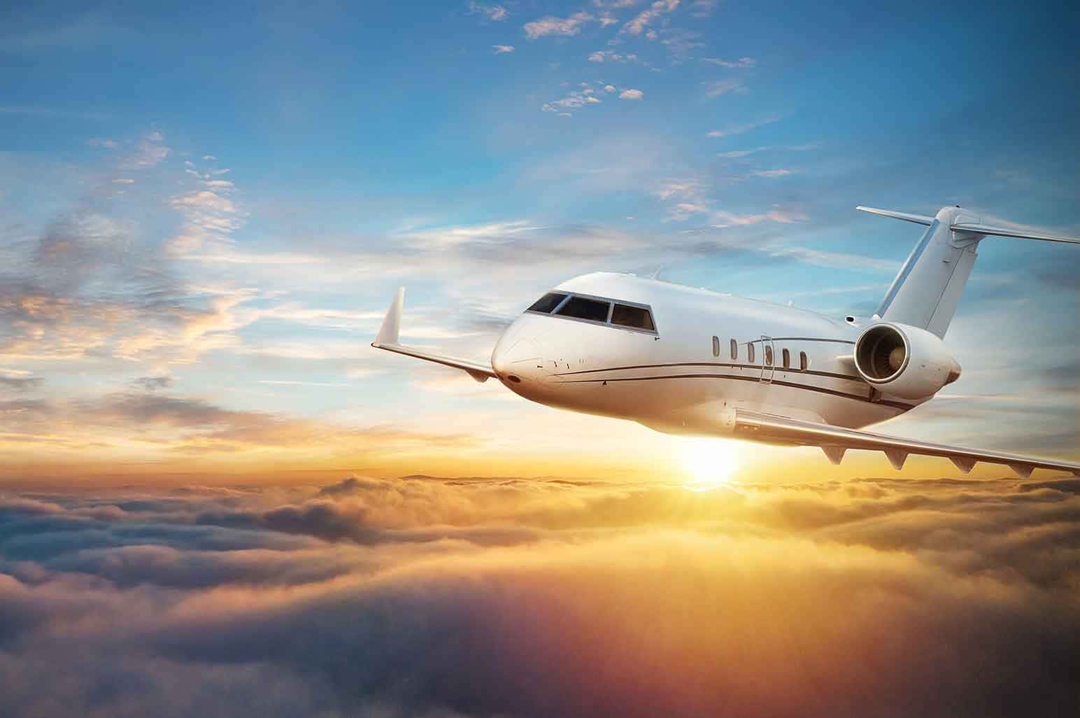 private jet, sleek white, golden clouds, HD Desktop Wallpaper