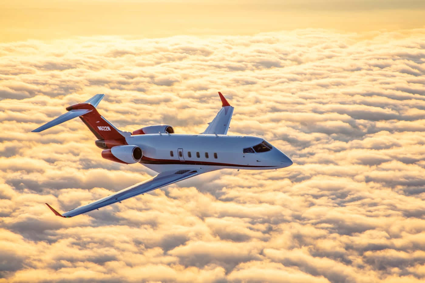 private jet, white and red, golden sea of clouds, HD Desktop Wallpaper