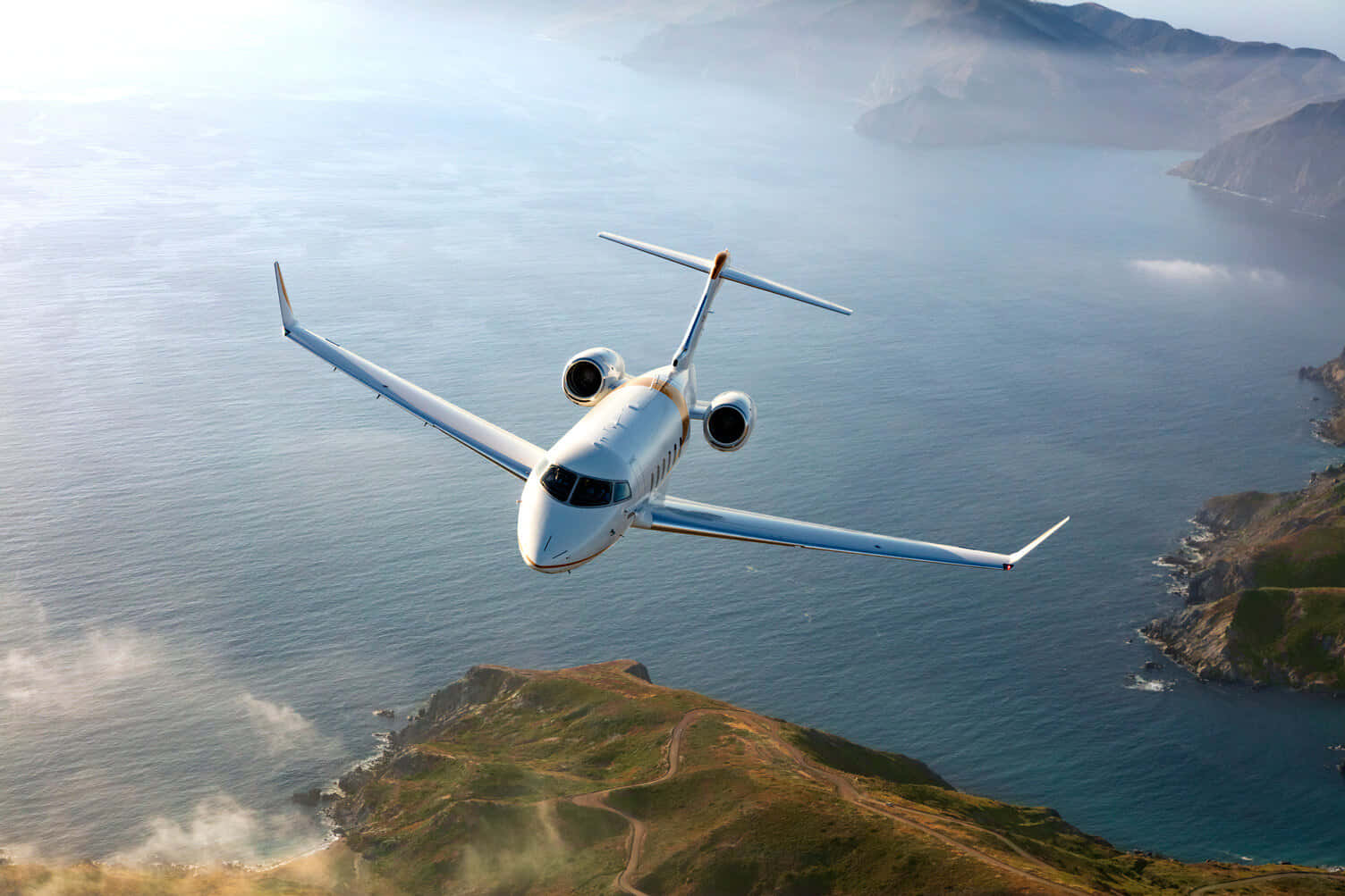 private jet, islands, misty coastal landscape, HD Desktop Wallpaper