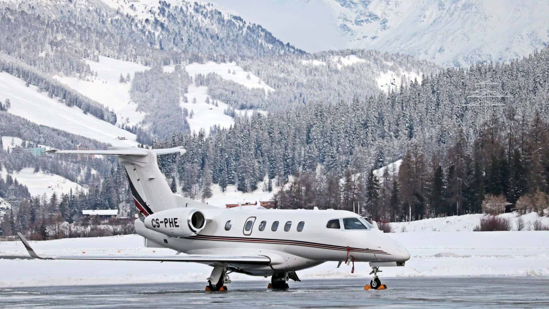 private jet, frozen lake, snow-covered mountains, Full HD Desktop Wallpaper