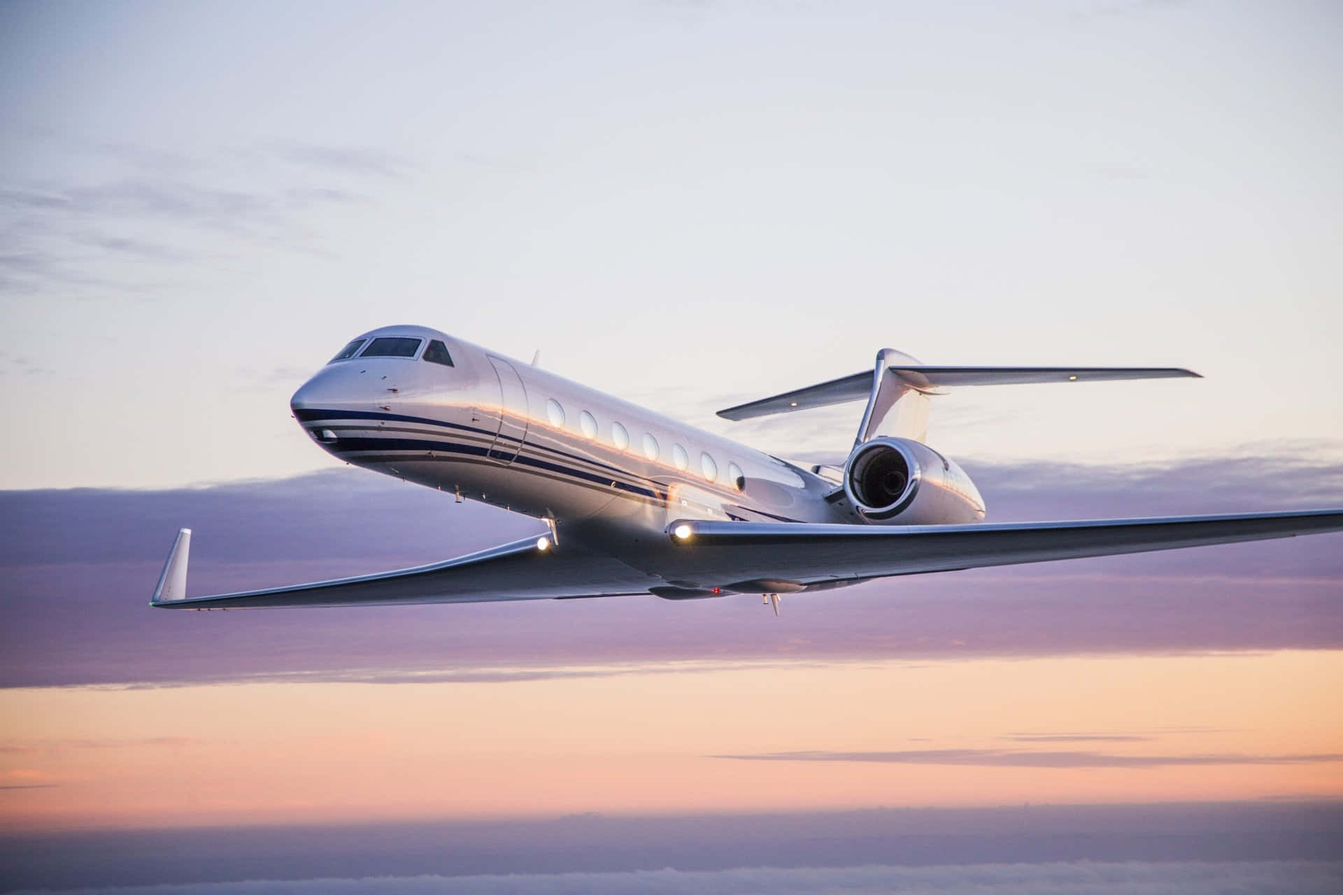 Private Jet, silver, pink and purple sunset sky, Full HD Desktop Wallpaper
