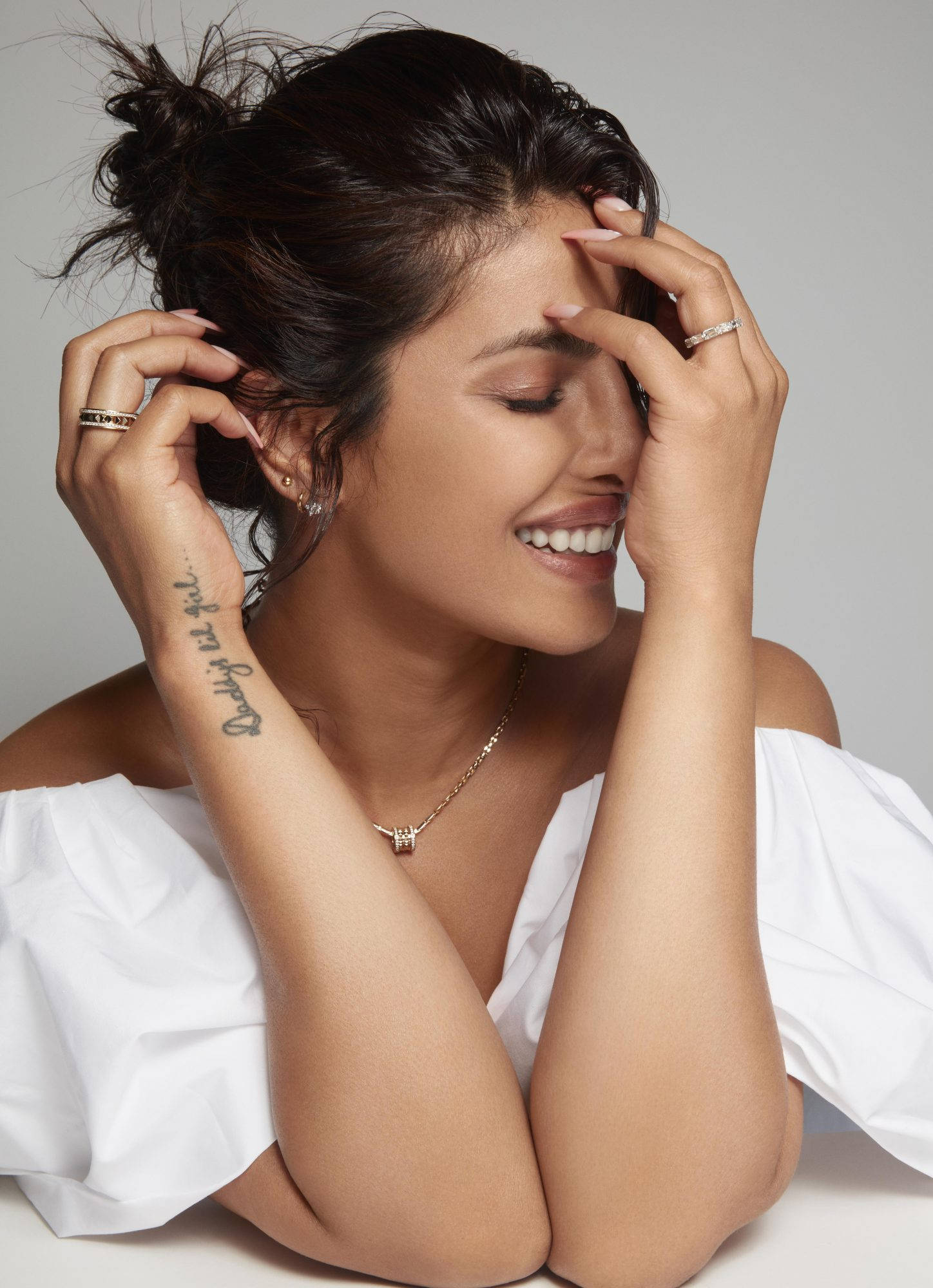 Priyanka Chopra, dark hair, messy bun, Full HD Phone Wallpaper
