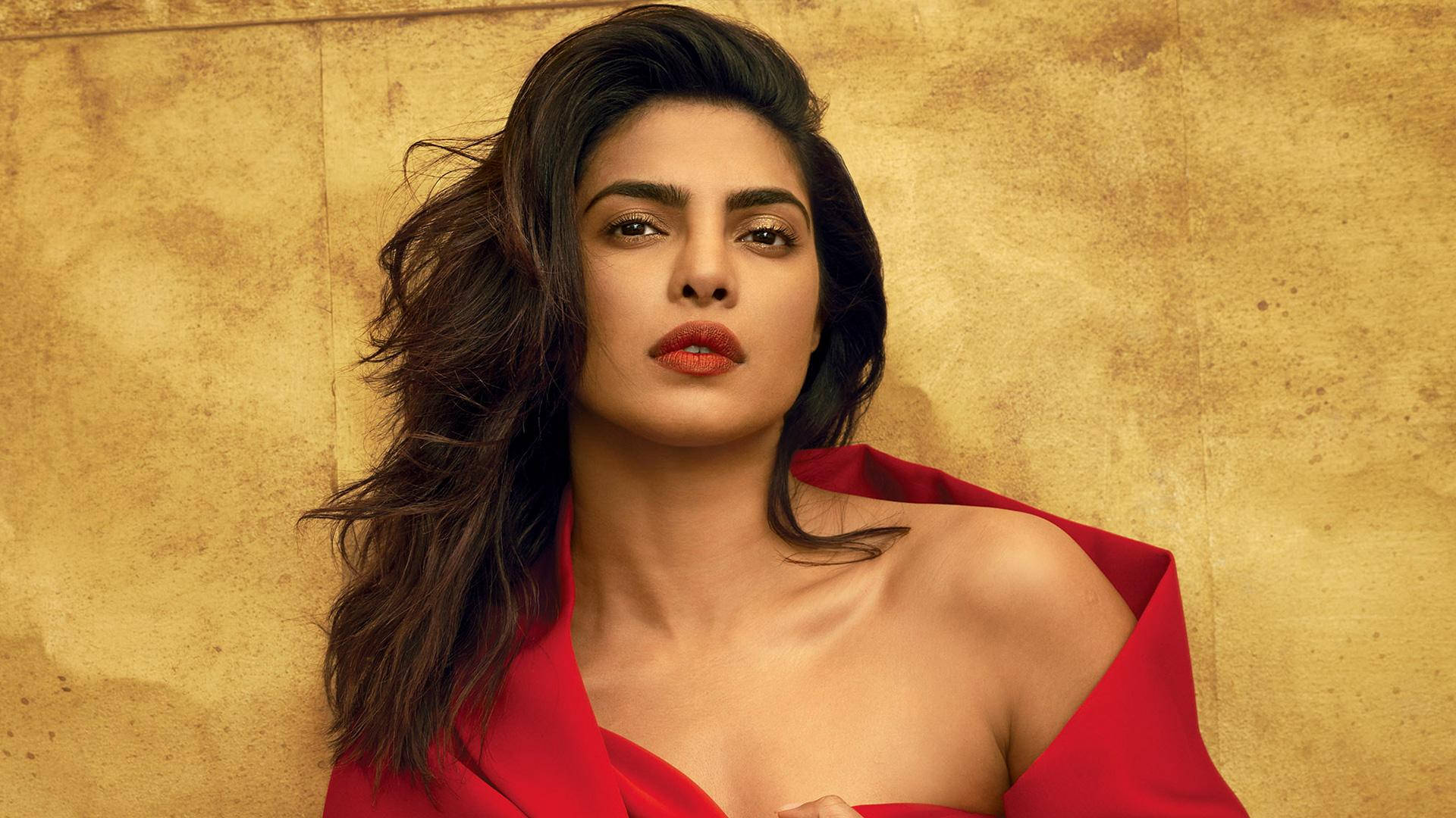 Priyanka Chopra, red garment, textured golden background, Full HD Desktop Wallpaper