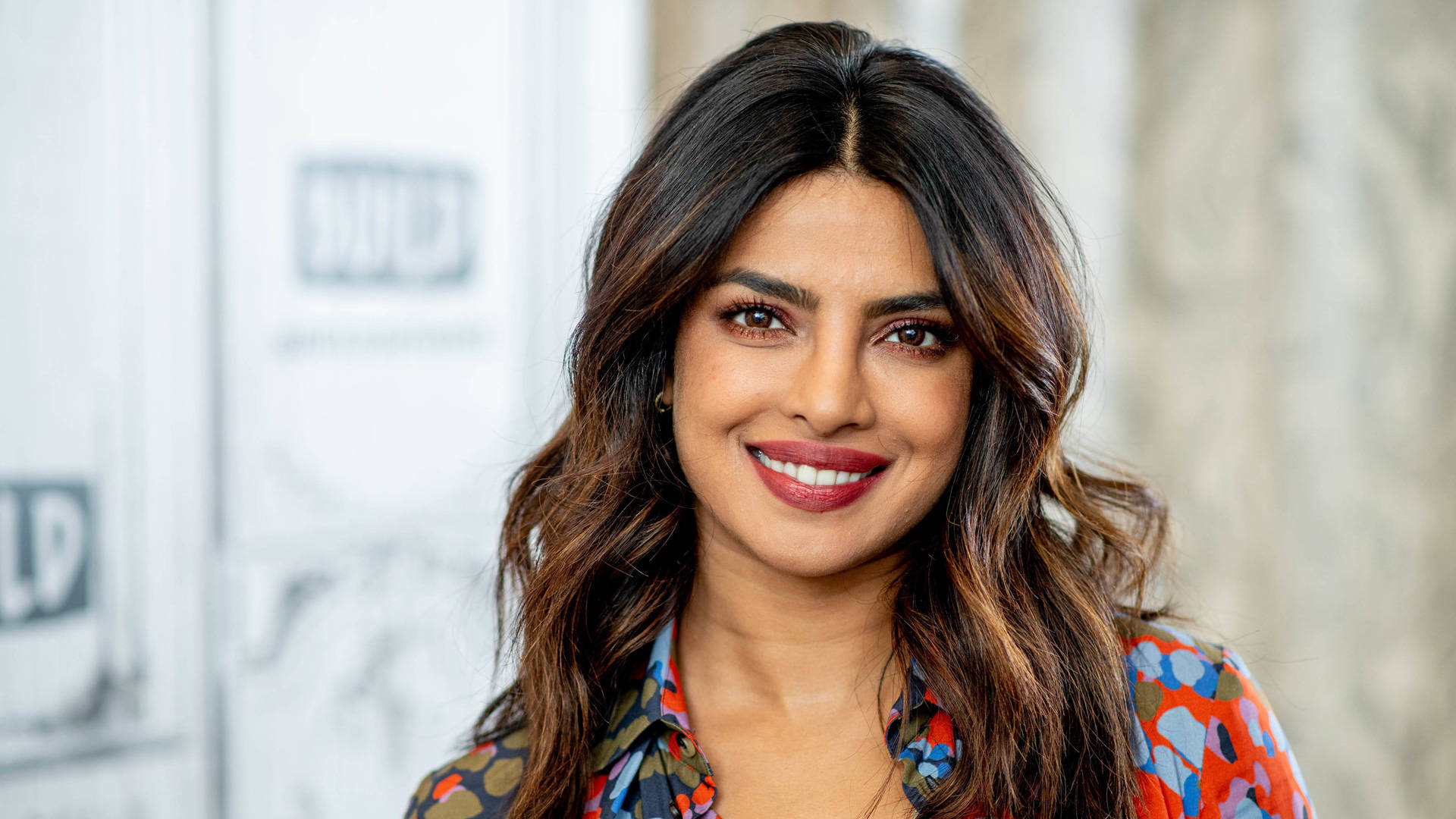Priyanka Chopra, colorful patterned blouse, blurred event backdrop, Full HD Desktop Wallpaper