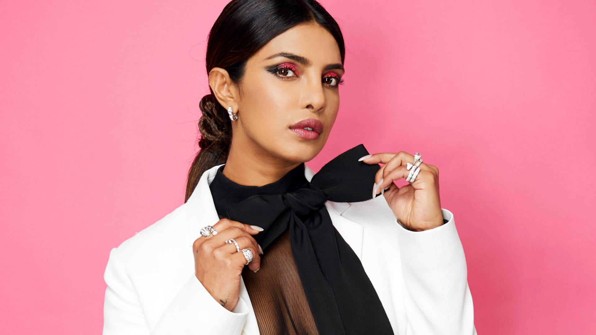 Priyanka Chopra, white blazer, black bow tie, Full HD Desktop Wallpaper