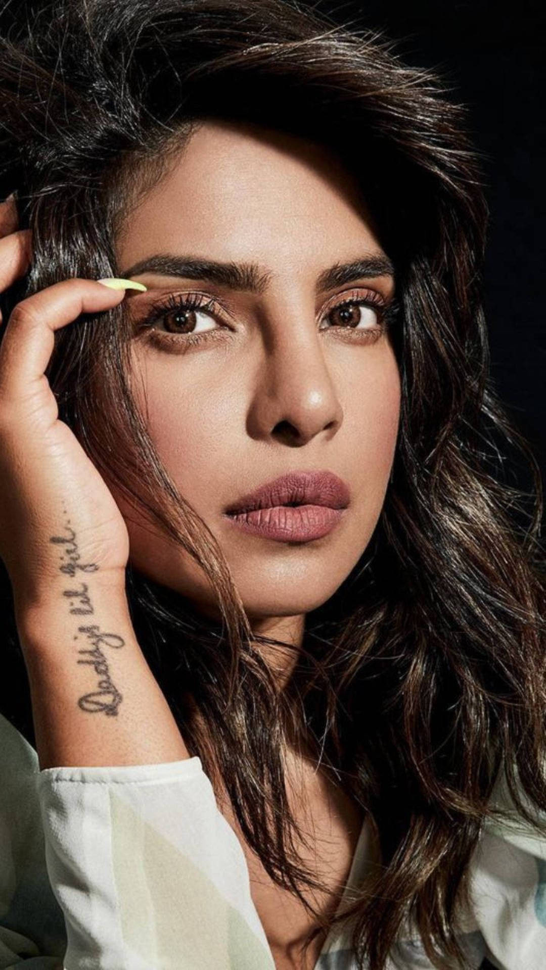 Priyanka Chopra, dark hair, tattoo on wrist, Full HD Phone Wallpaper