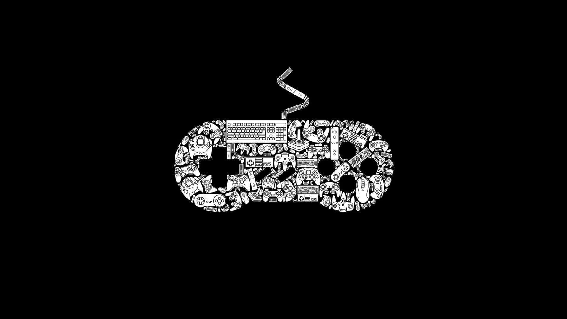 black and white stylized game controller silhouette, vintage gaming icons, solid black background, Full HD Desktop Wallpaper