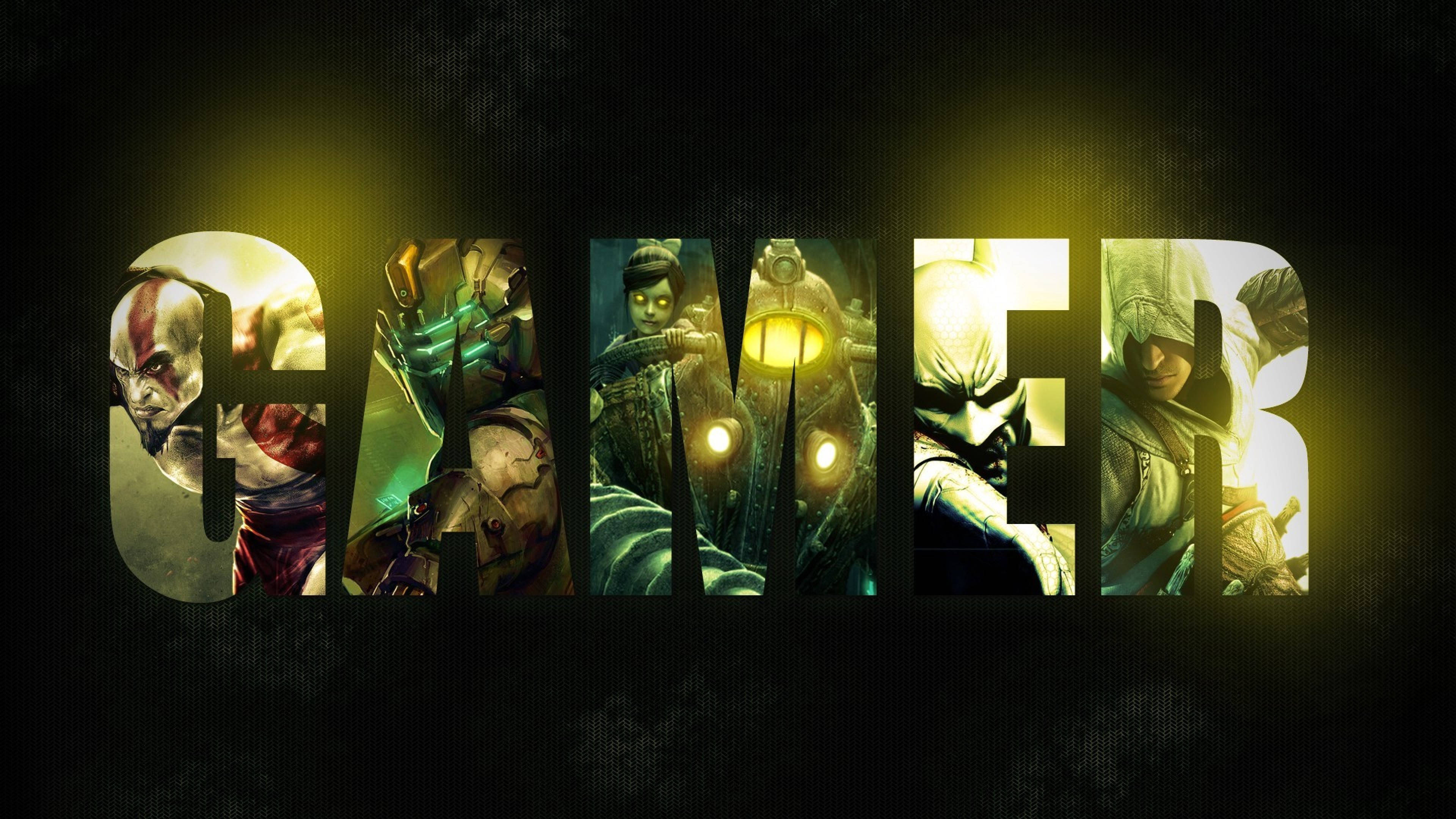 GAMER, video game characters, dark textured background, 4K Desktop Wallpaper
