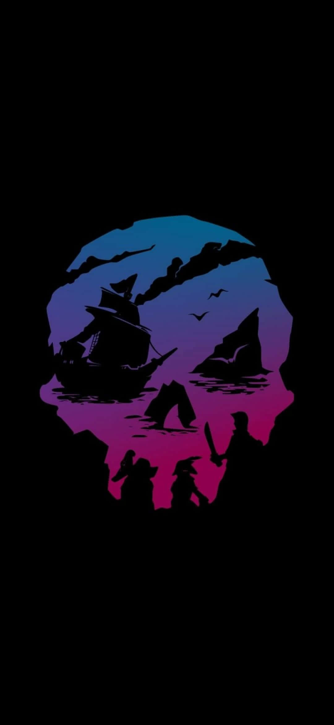 skull-shaped silhouette, pirate ships, gradient blue to magenta sky, Full HD Phone Wallpaper