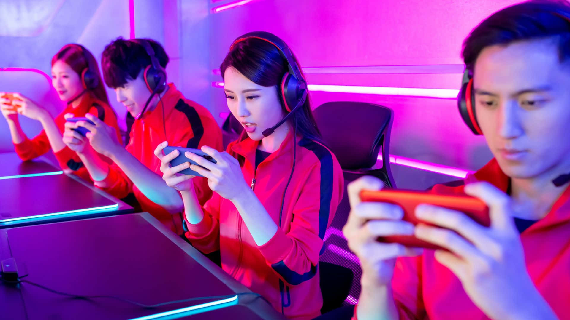 red jackets, smartphones, vibrant pink and blue neon lights, Full HD Desktop Wallpaper