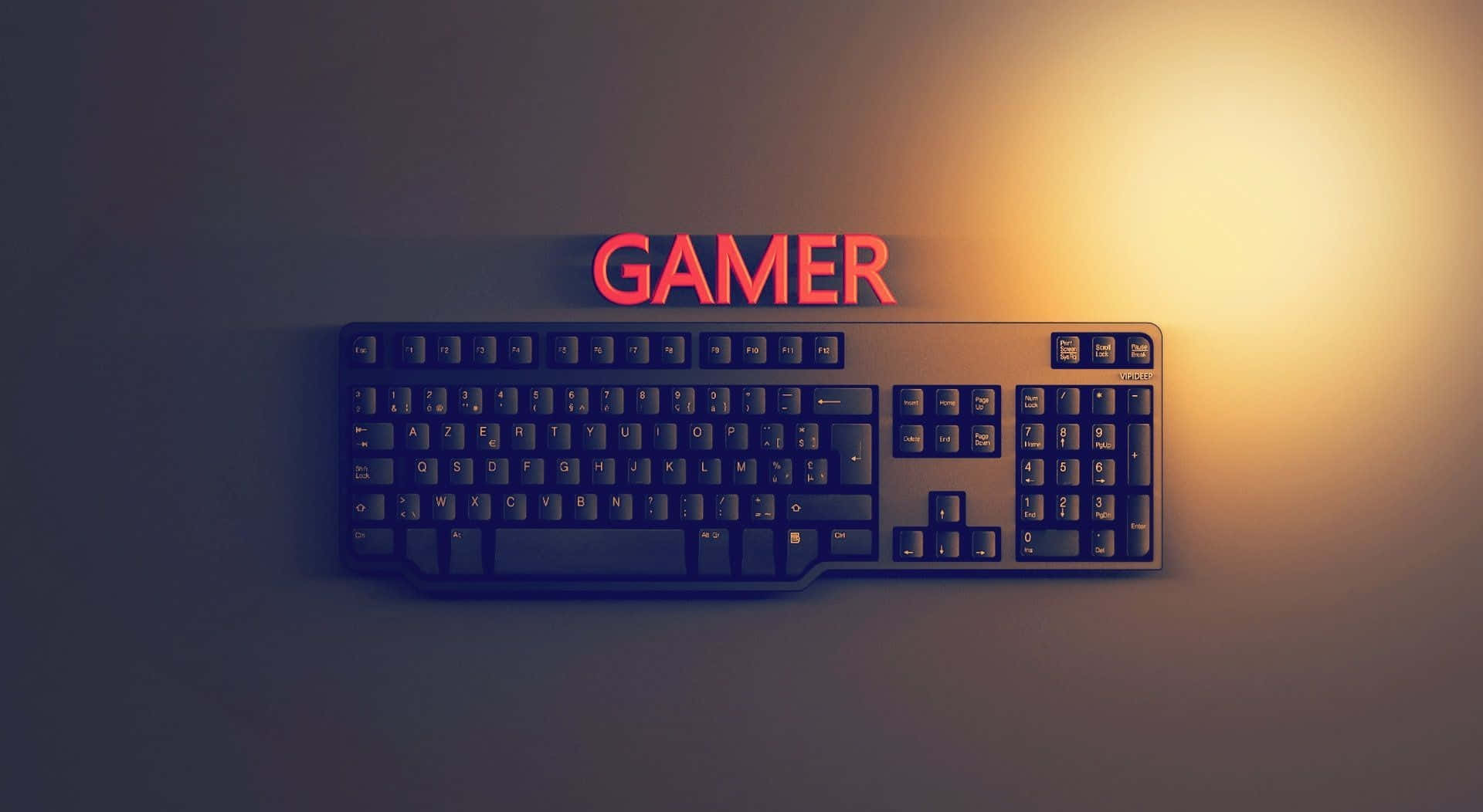 sleek black gaming keyboard, warm light, glowing red 'GAMER' sign, Full HD Desktop Wallpaper