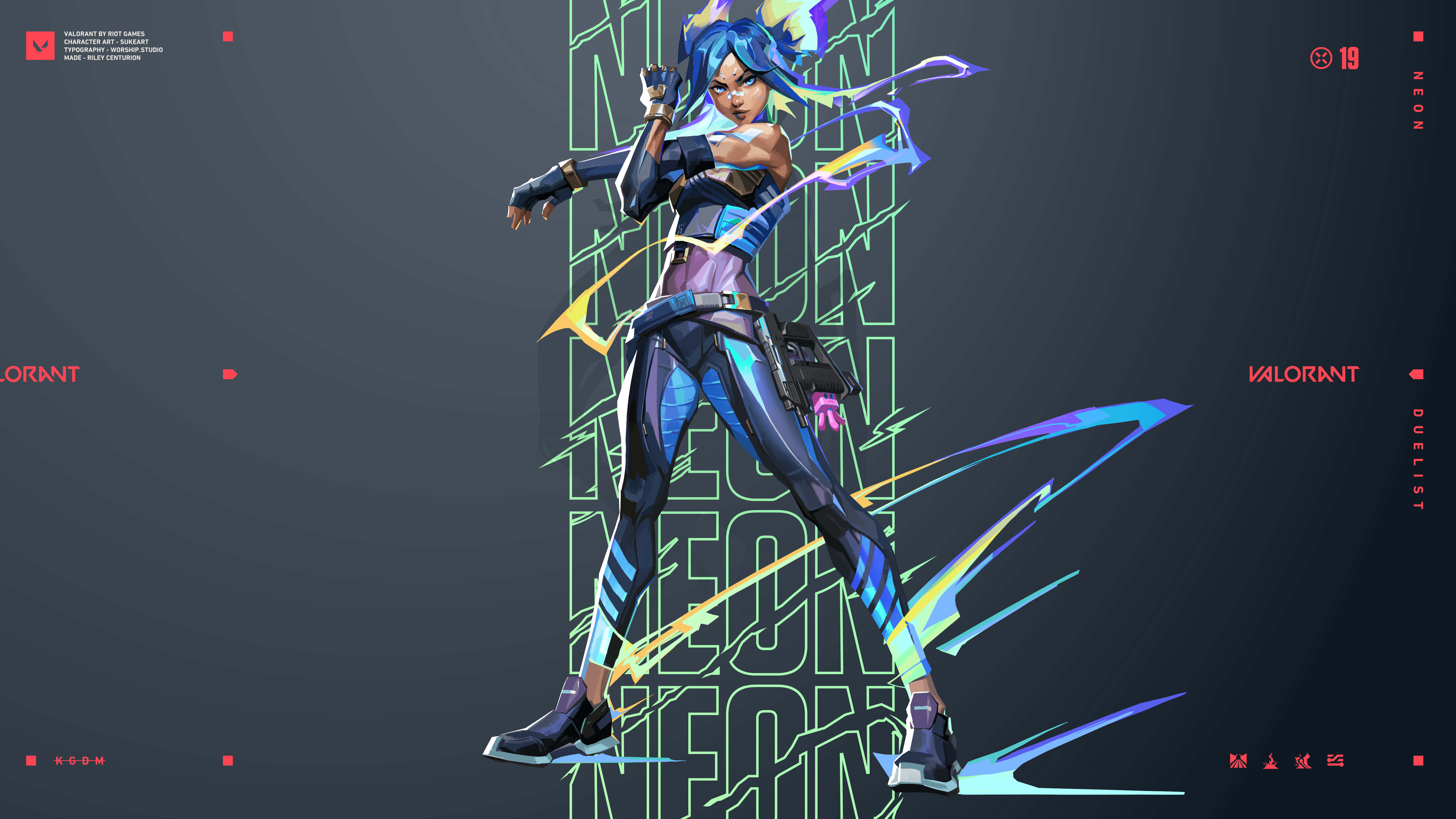 neon valorant, anime-style female agent, blue hair, 5K Desktop Wallpaper