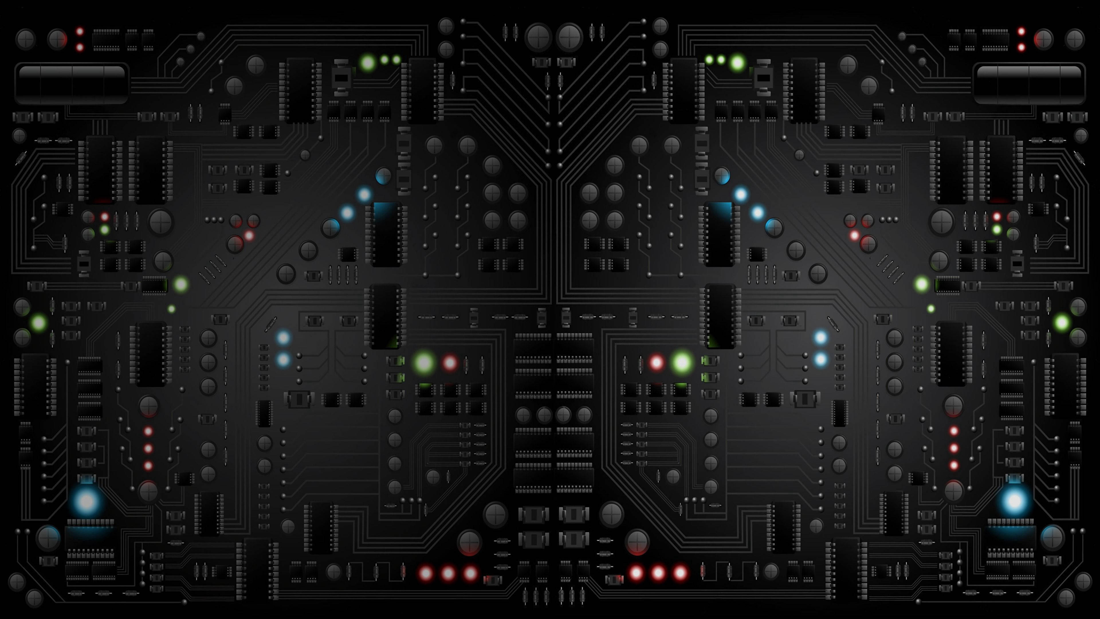 3D Processor Lights, black circuit board, glowing green blue and red LEDs, 4K Desktop Wallpaper