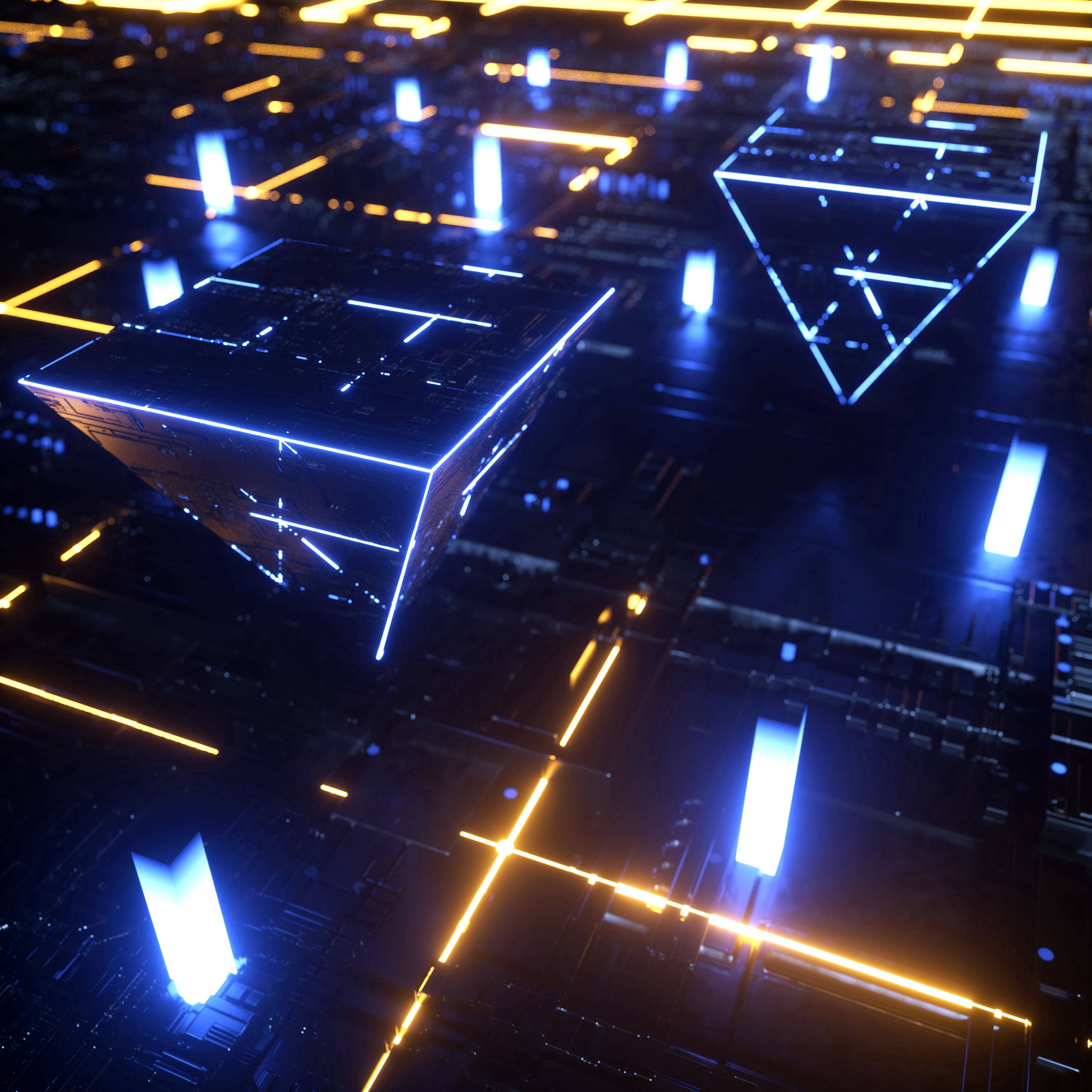 pyramid processor chip, glowing blue, orange neon lines, 4K Desktop Wallpaper