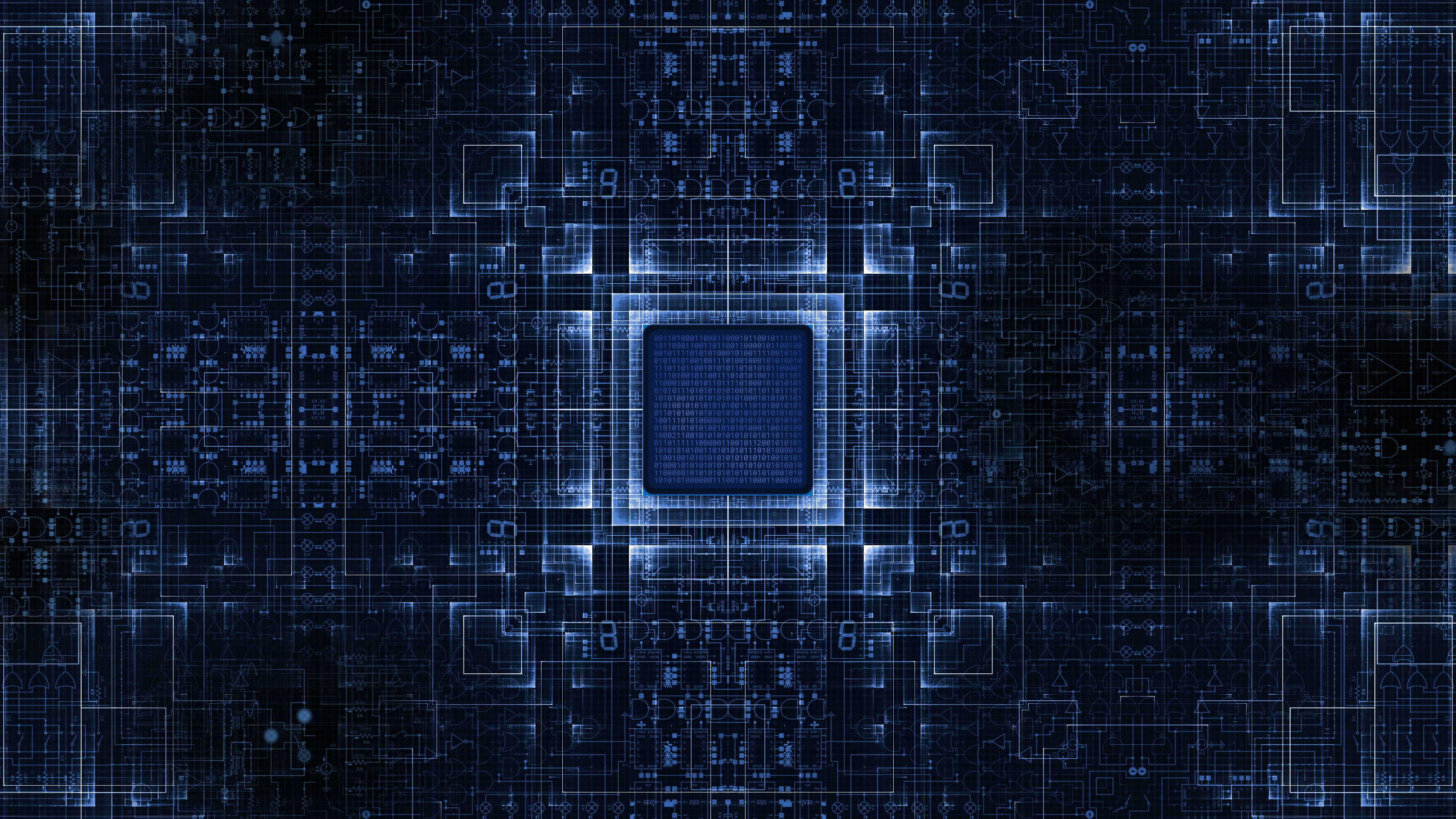 Processor, glowing blue microchip, complex digital circuit pattern, 4K Desktop Wallpaper