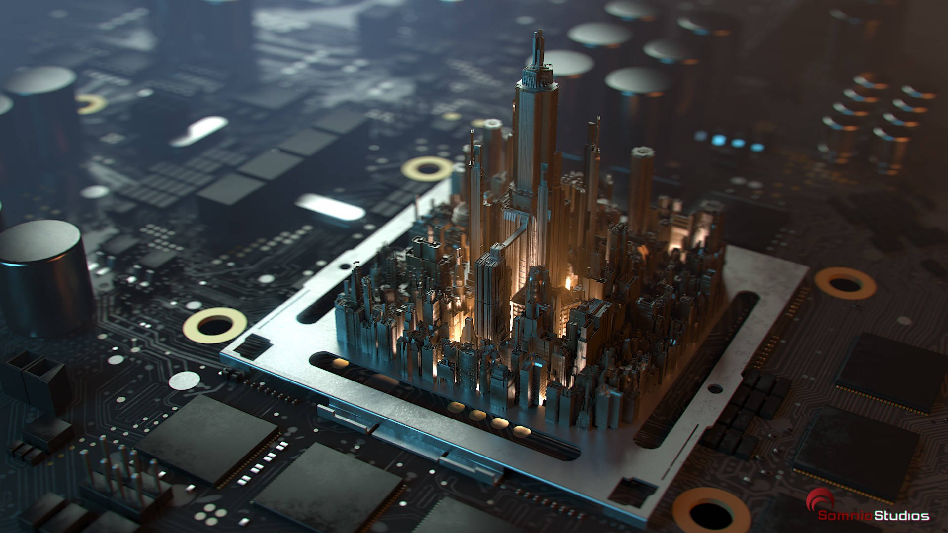 Processor, circuit board, neon lights, Full HD Desktop Wallpaper
