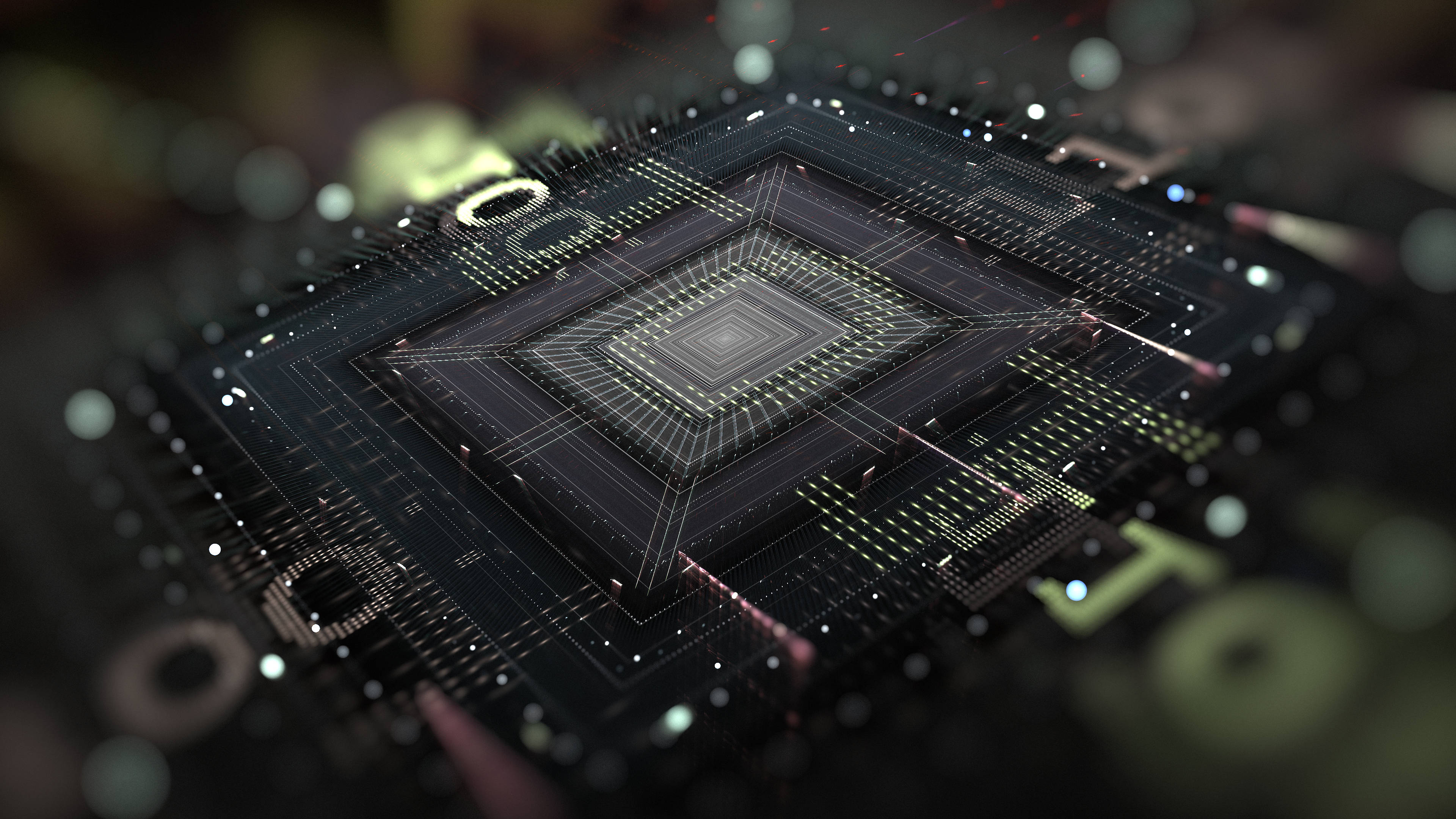 Tilt-Shift Processor Model, futuristic black microchip, glowing green circuitry, 4K Desktop Wallpaper