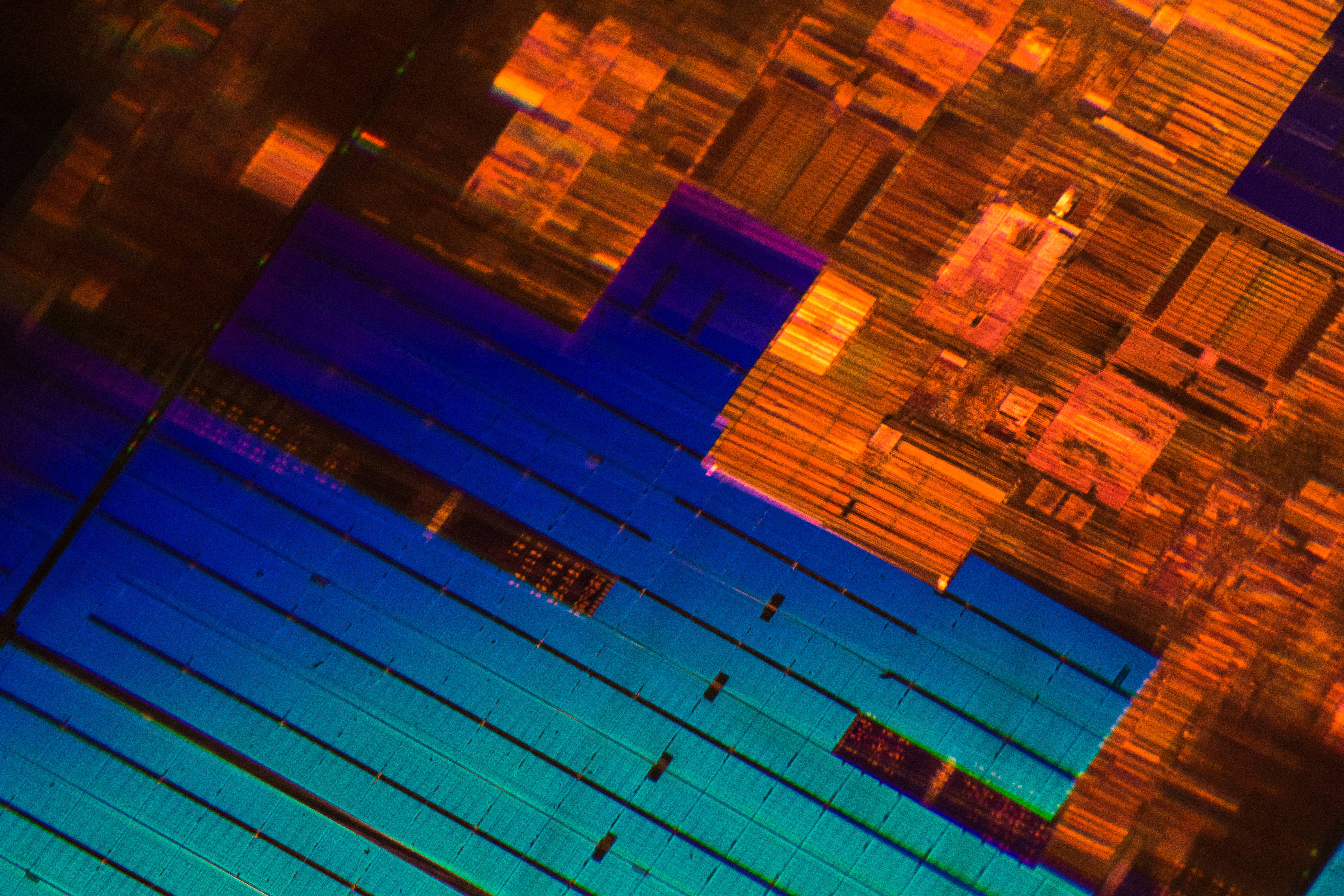 processor chip, fiery orange, electric blue, 5K Desktop Wallpaper