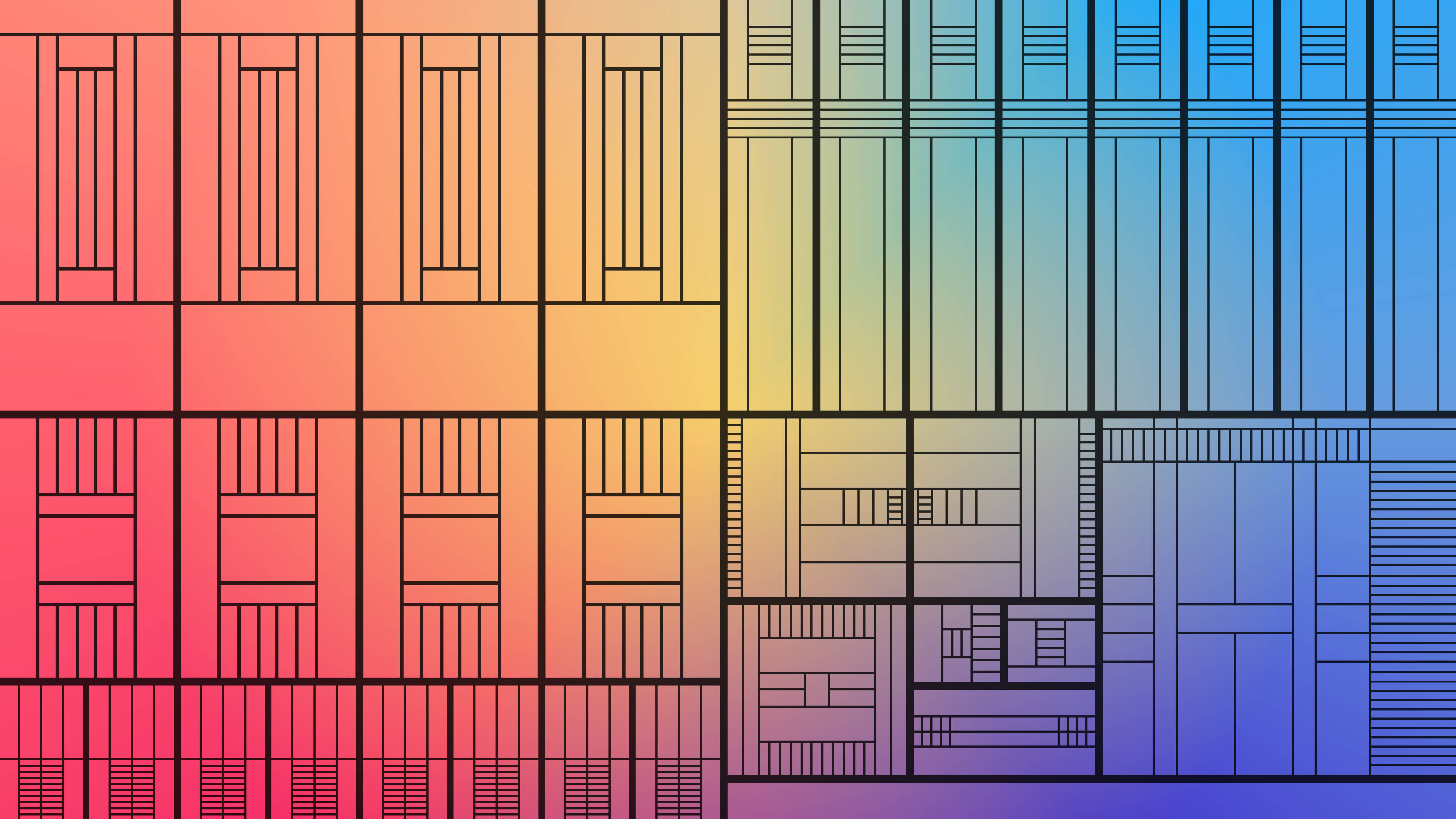Rainbow Processor Art, vibrant geometric pattern, gradient blocks of warm to cool tones, 5K Desktop Wallpaper