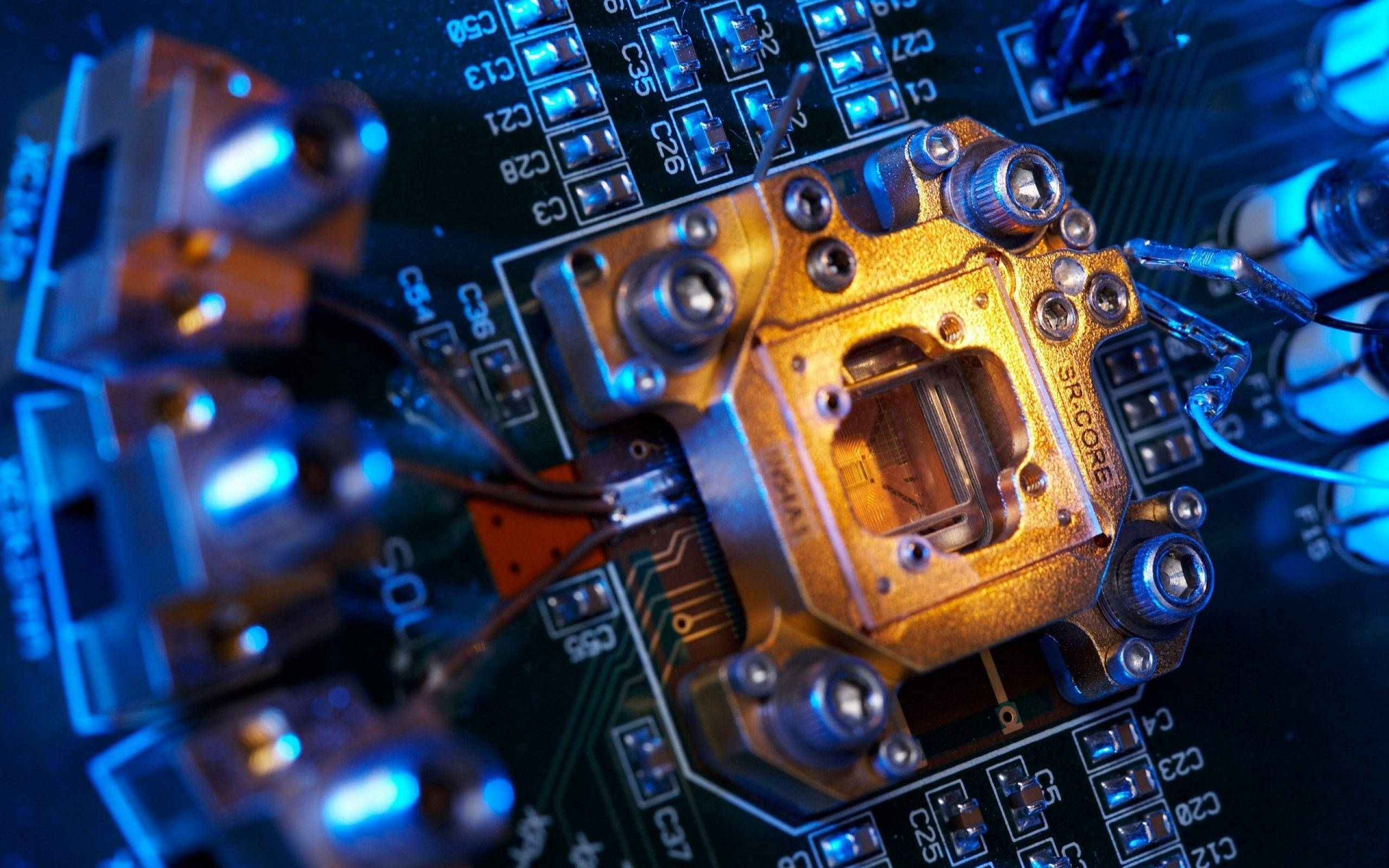 CPU heatsink, circuit board, golden, 2K Desktop Wallpaper