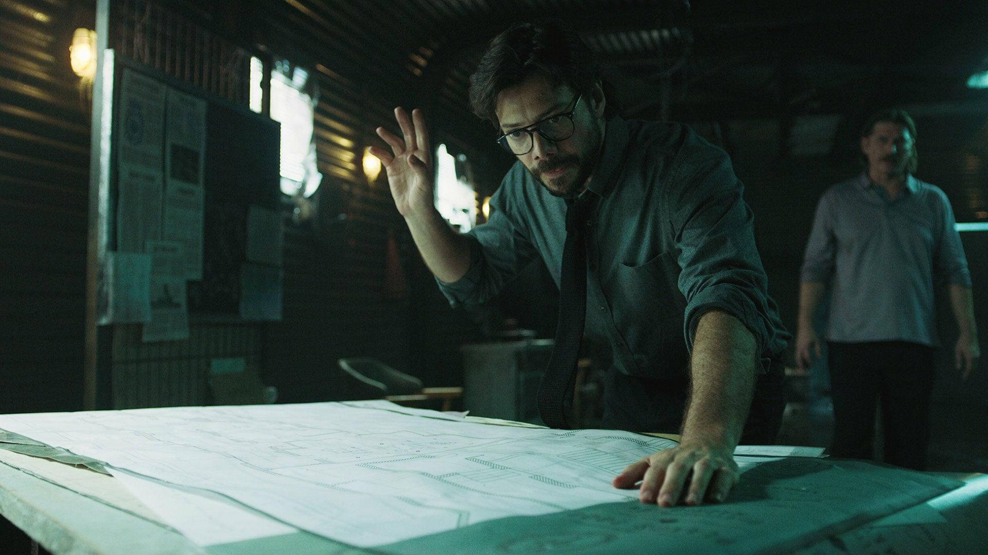 Professor Money Heist, blueprints, glasses, Full HD Desktop Wallpaper