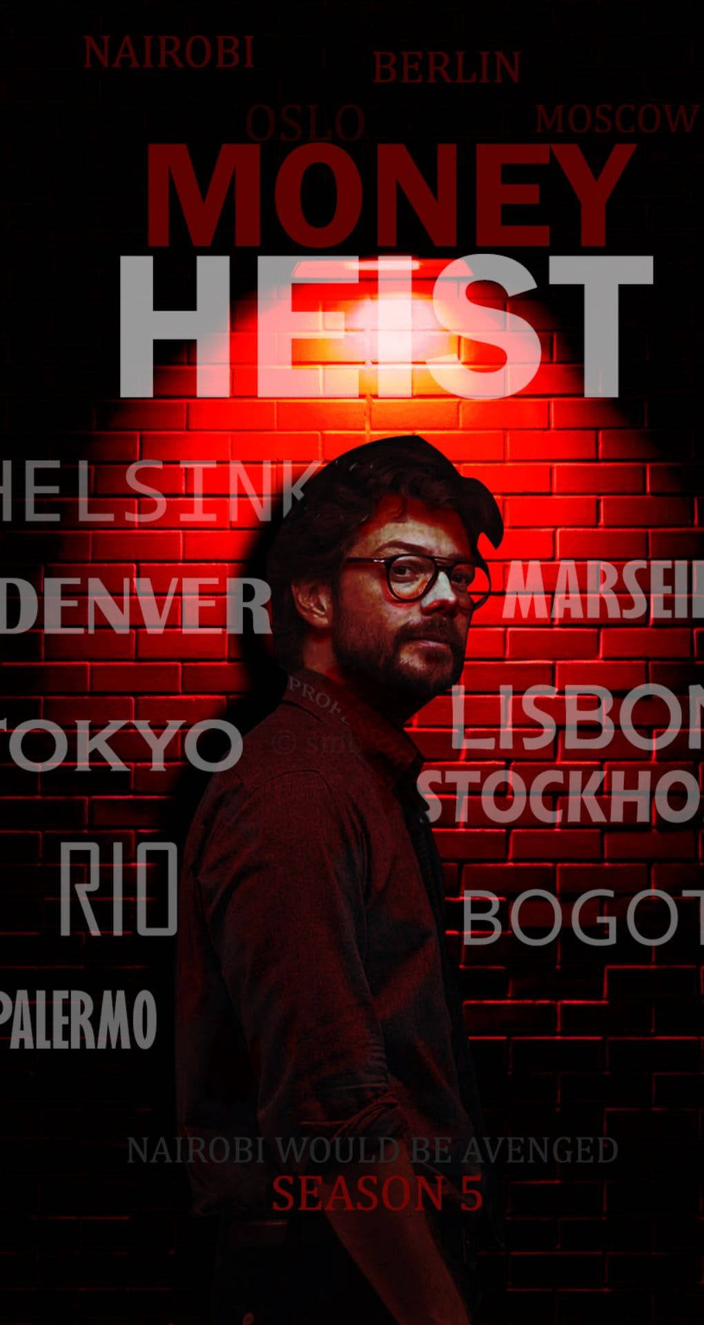 Professor, Money Heist, red-lit brick wall, Full HD Phone Wallpaper