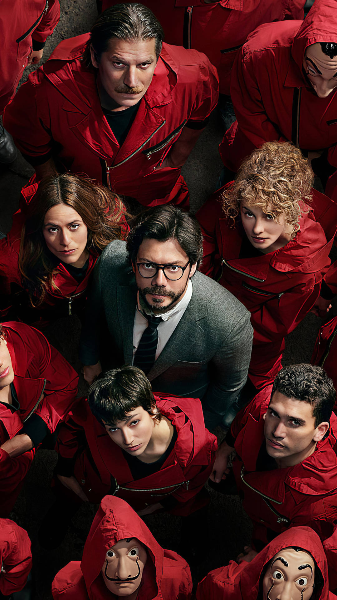 Money Heist, red jumpsuits, masked figures, Full HD Phone Wallpaper