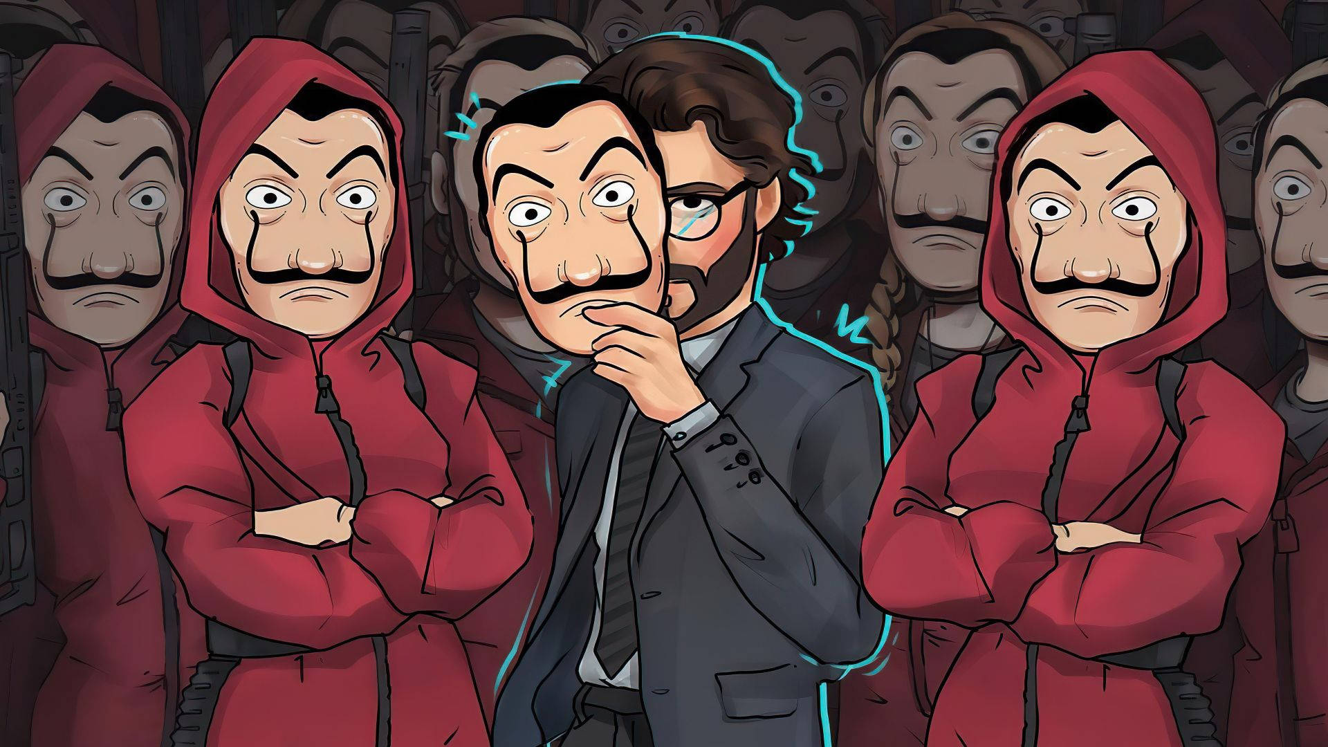 Professor Money Heist, red hoodies, mustaches, Full HD Desktop Wallpaper