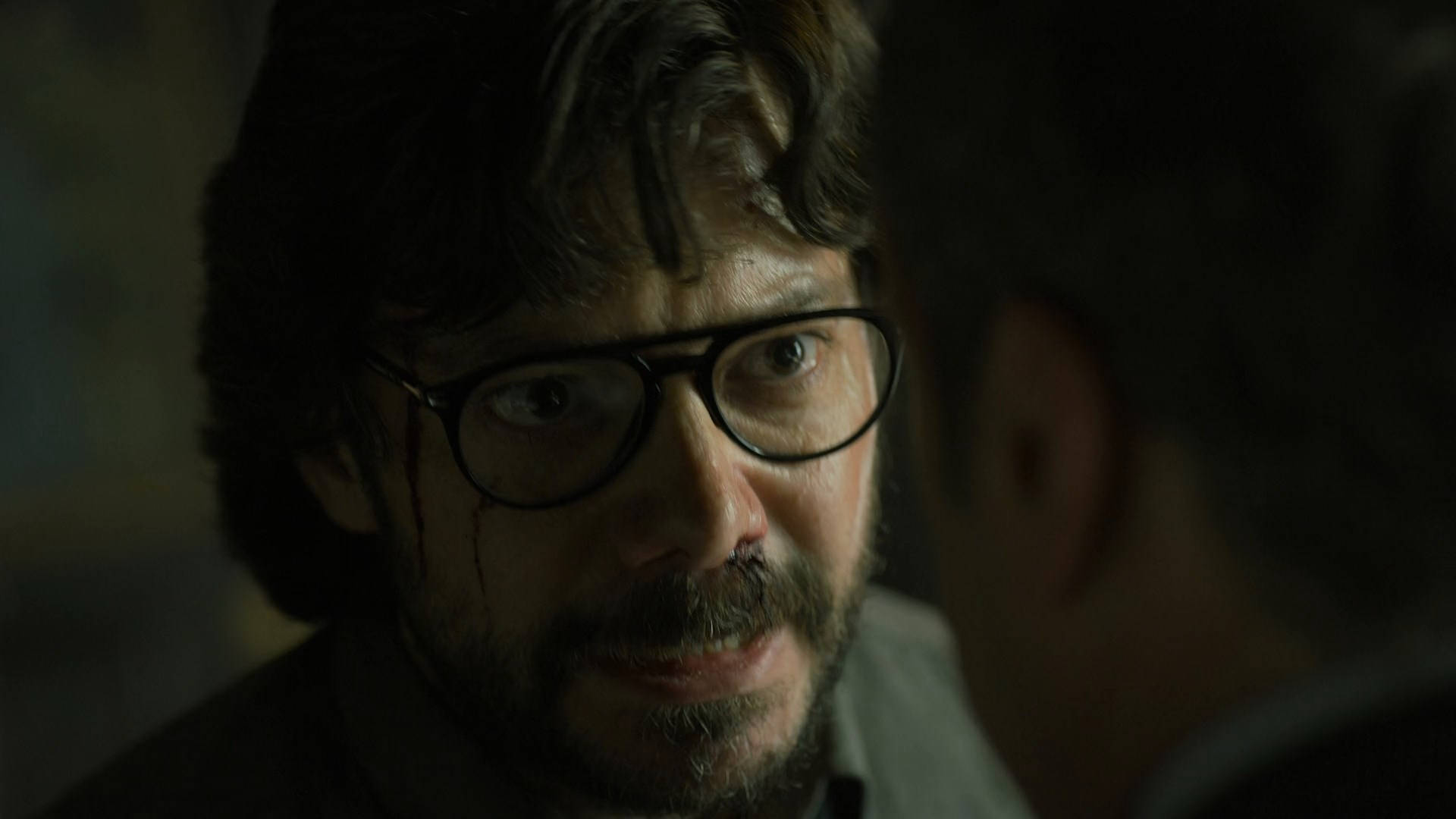 Professor money heist, glasses, bloodied face, Full HD Desktop Wallpaper