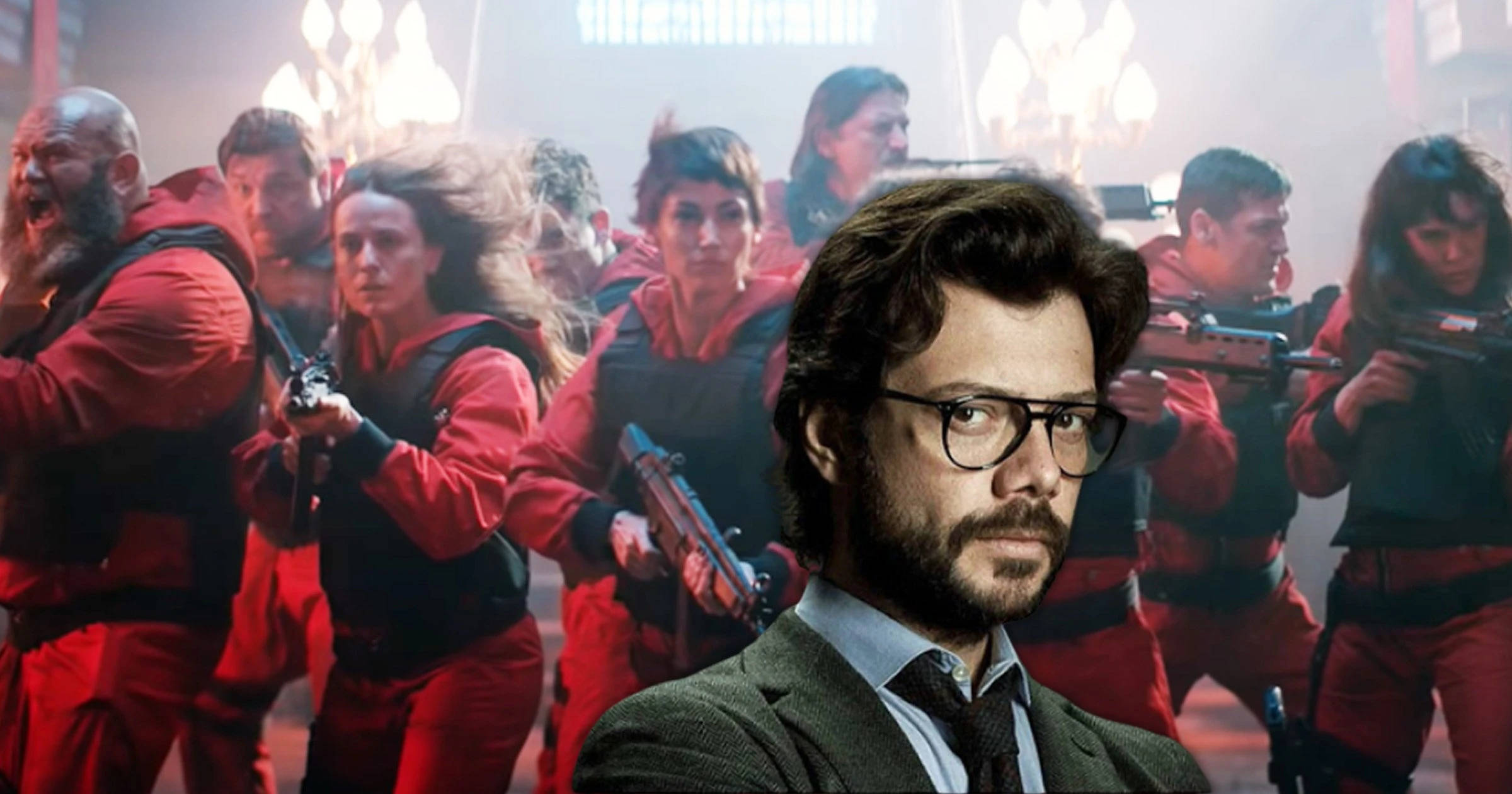 Professor Money Heist, red-suited figures, glasses, Full HD Desktop Wallpaper