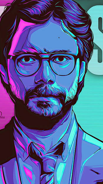 Professor Money Heist, neon purple, neon cyan, SD Phone Wallpaper