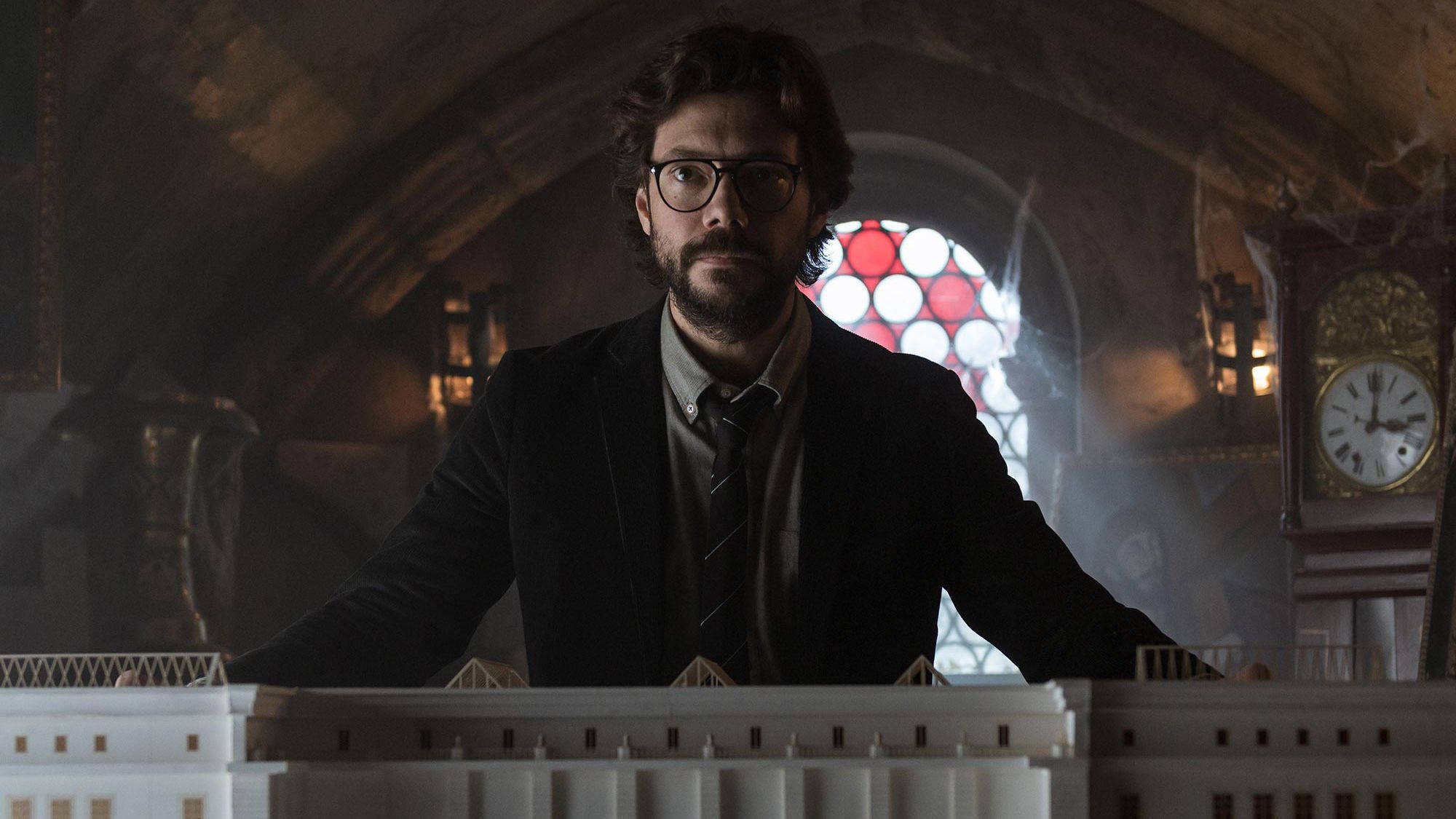Professor money heist, glasses, suit, Full HD Desktop Wallpaper